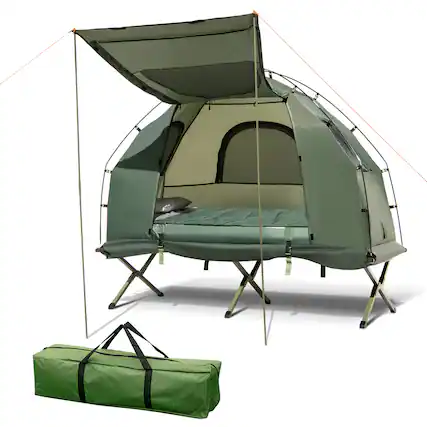 Front. GOPLUS - Goplus Tent Cot, 5-in-1 Folding Camping Cot with Mattress & Pillows, Sleeping Bags, Sunshade - Green.