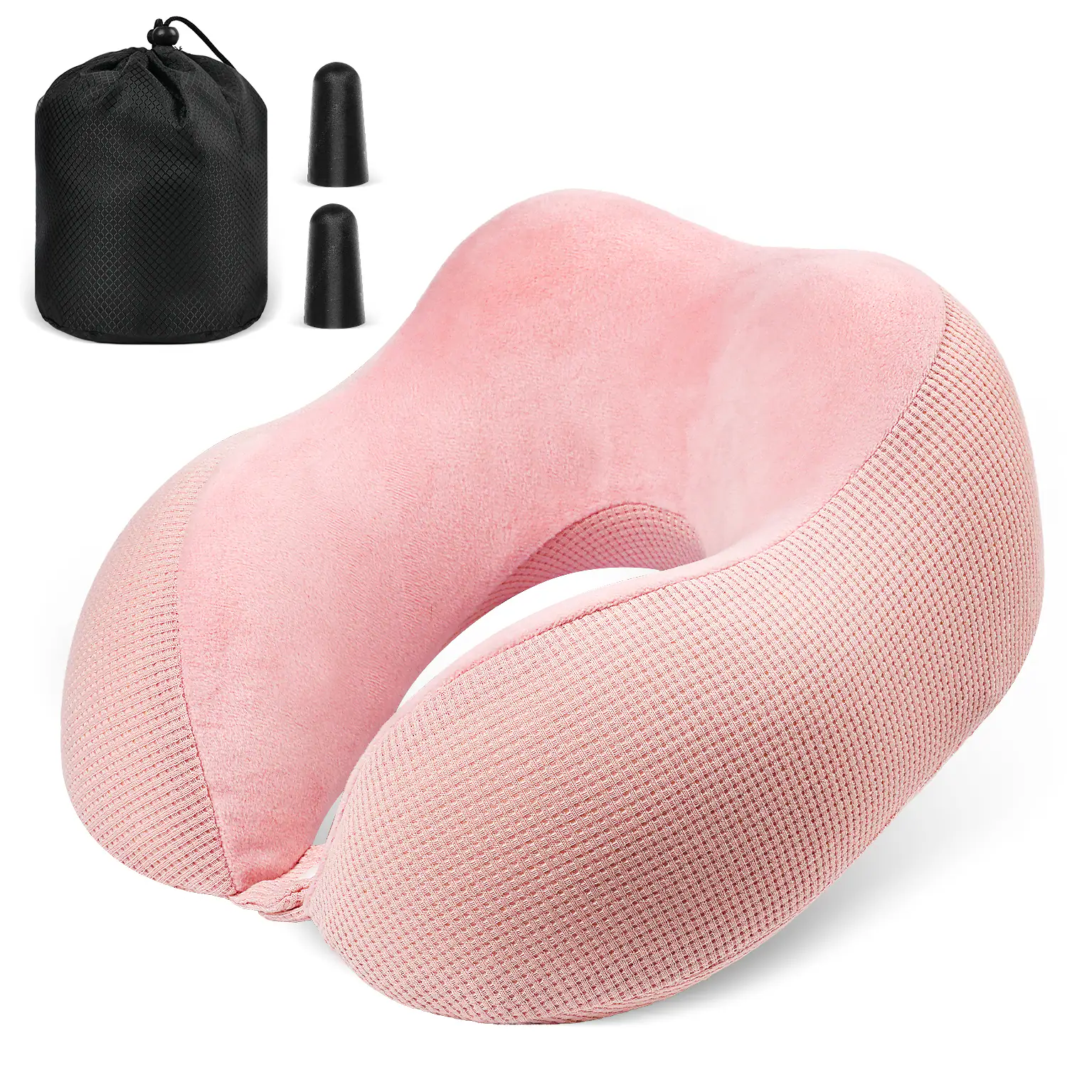 Front. Fosmon - Travel Pillow, Neck Pillow Airplane, Travel Neck Pillow, Memory Foam Neck Pillow with Washable Cover & Ear Plugs, Pink - Pink.
