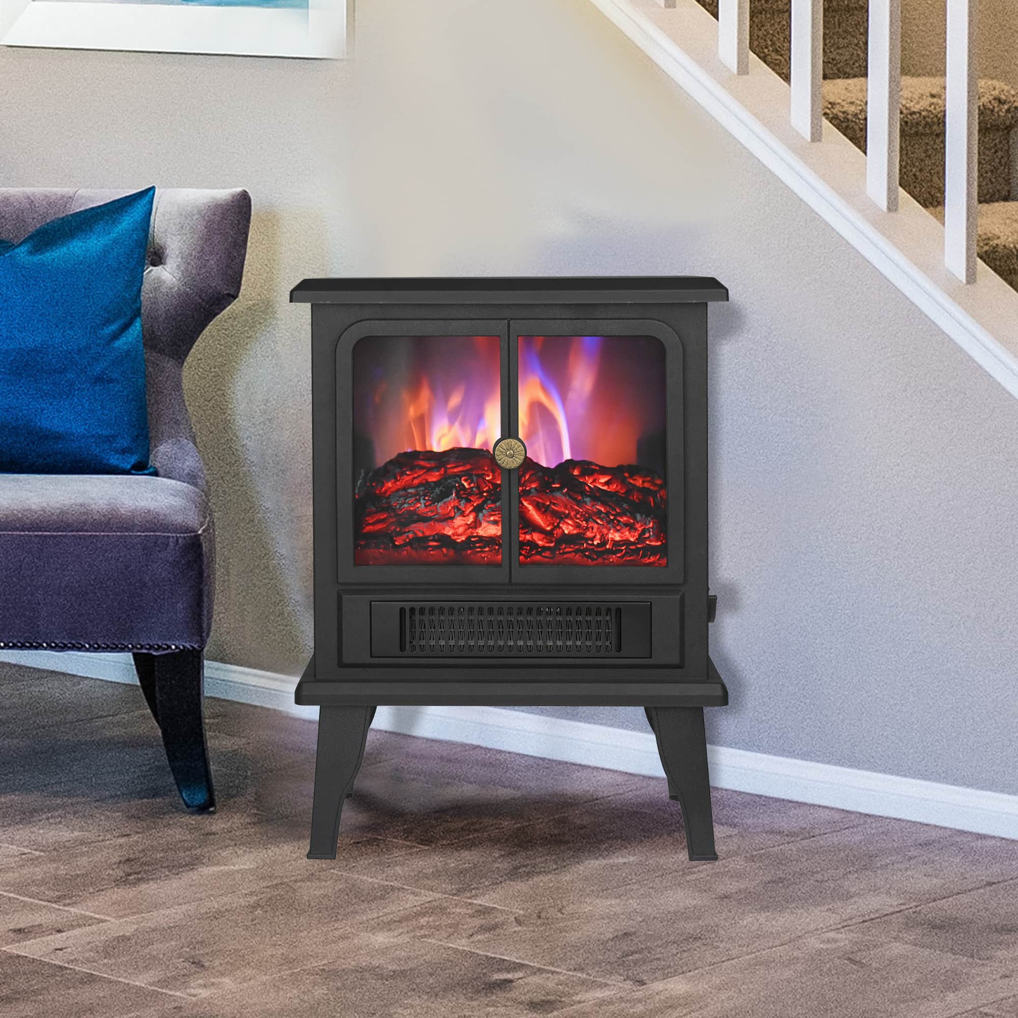 Parrot Uncle - 1500W Freestanding Electric Fireplace Heater with Adjustable Thermostat and Realistic Flame Effect - Black
