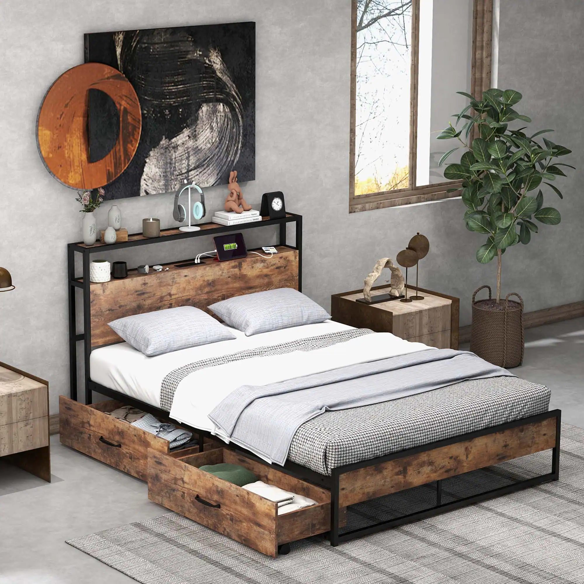 Front. Costway - Costway Full Industrial Platform Bed Frame with Drawer Storage Headboard Charging Station - White.