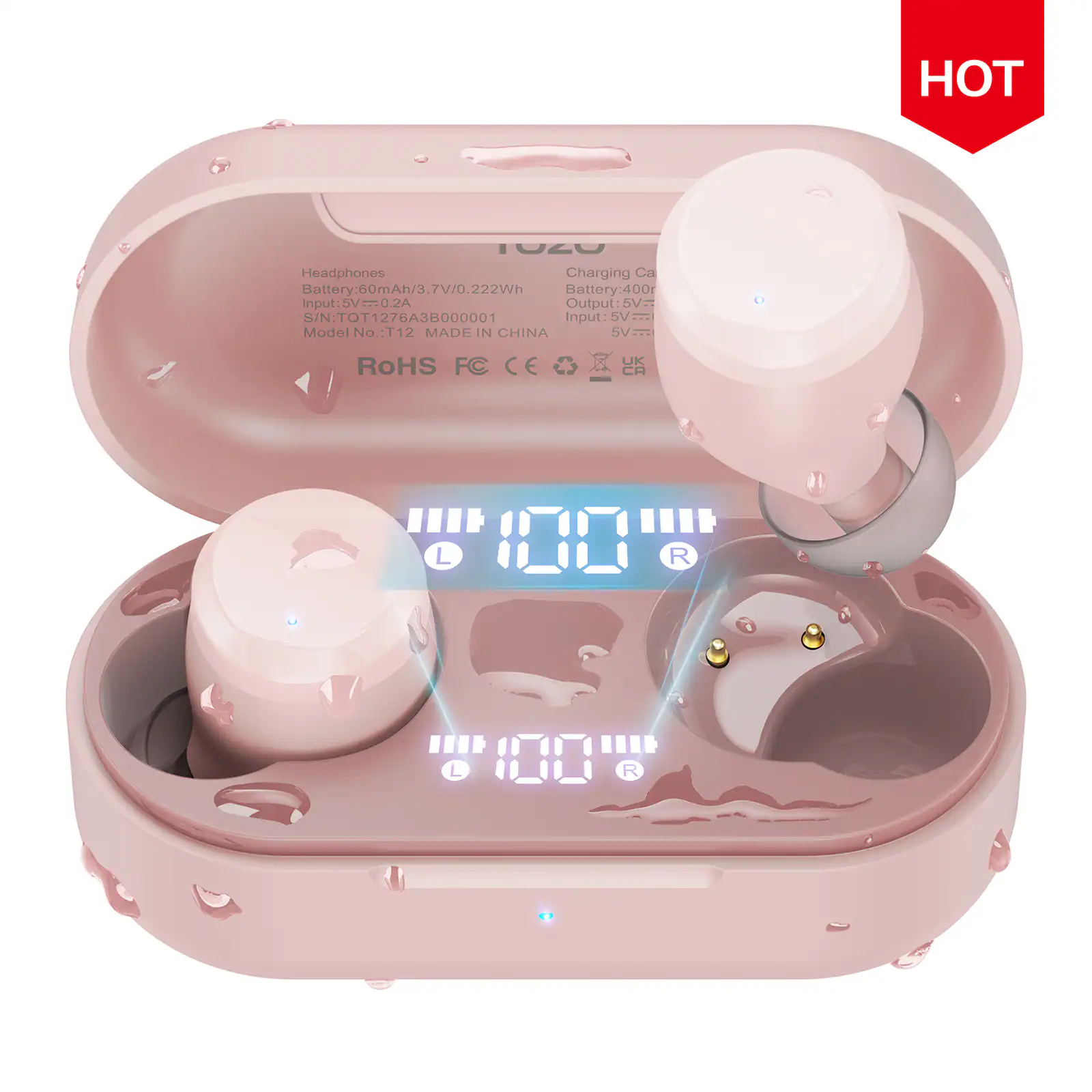 HOT

Headphones Charging Case

Battery: 60mAh/3.7V/0.222Wh

Battery: 400r

Input: 5V=0.2A

Output: 5V

S/N: TQT1276A3B000001

Model No.: T12

MADE IN CHINA

RoHS FC CE UK CA

L 100 R

L 100 R