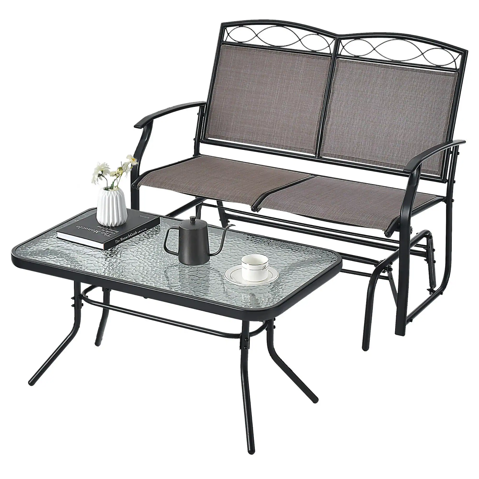 Front. Gymax - Gymax 2 PCS Patio Glider Conversation Set Outdoor Loveseat Glider Chair w/ Tempered Glass Coffee Table - Brown, Black.