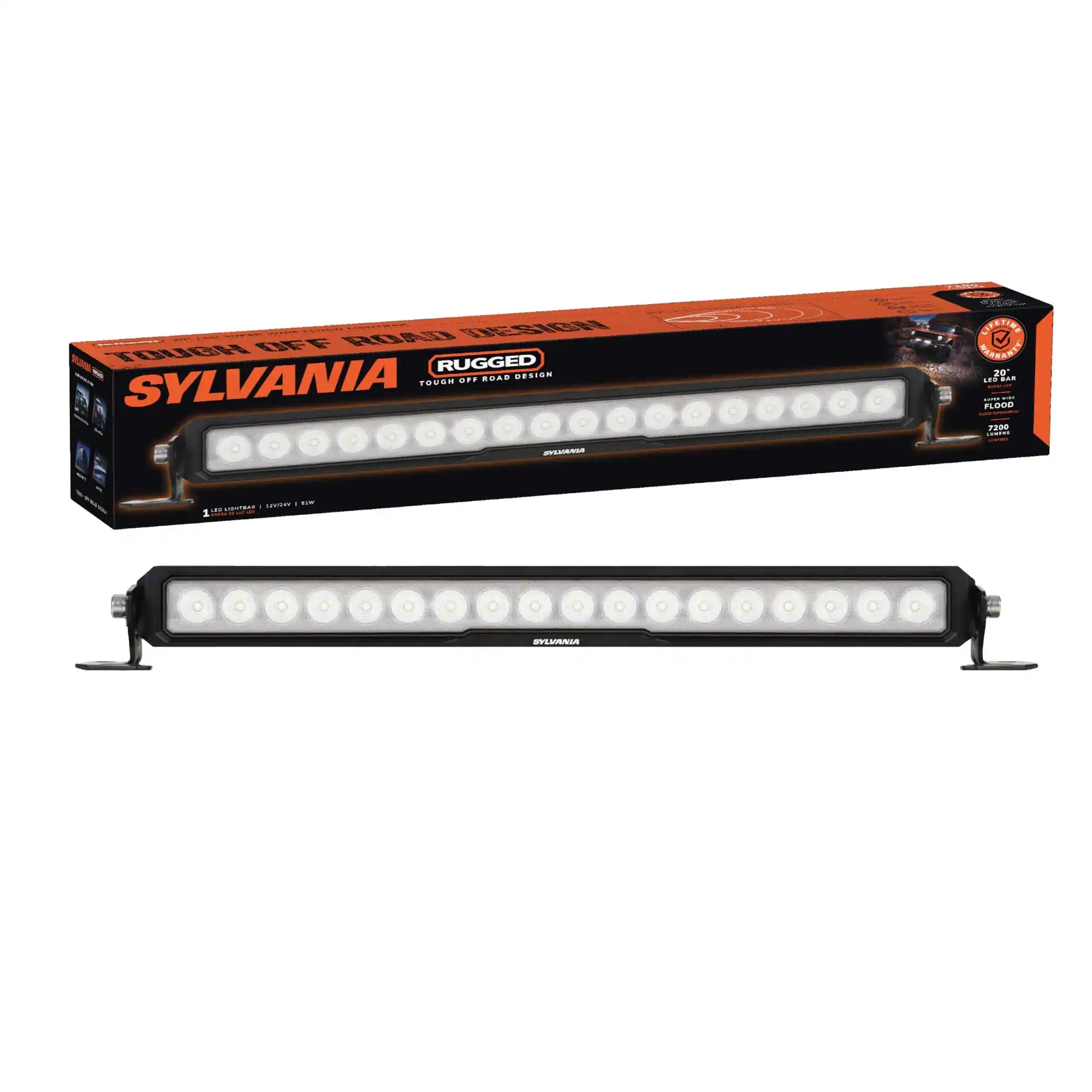 TOUGH OFF ROAD DESIGN  
SYLVANIA  
RUGGED  
TOUGH OFF ROAD DESIGN  

LED BAR  
20"  
FLOOD  
7200 LUMENS  

12V DC  
1 ROW  
12 LEDs