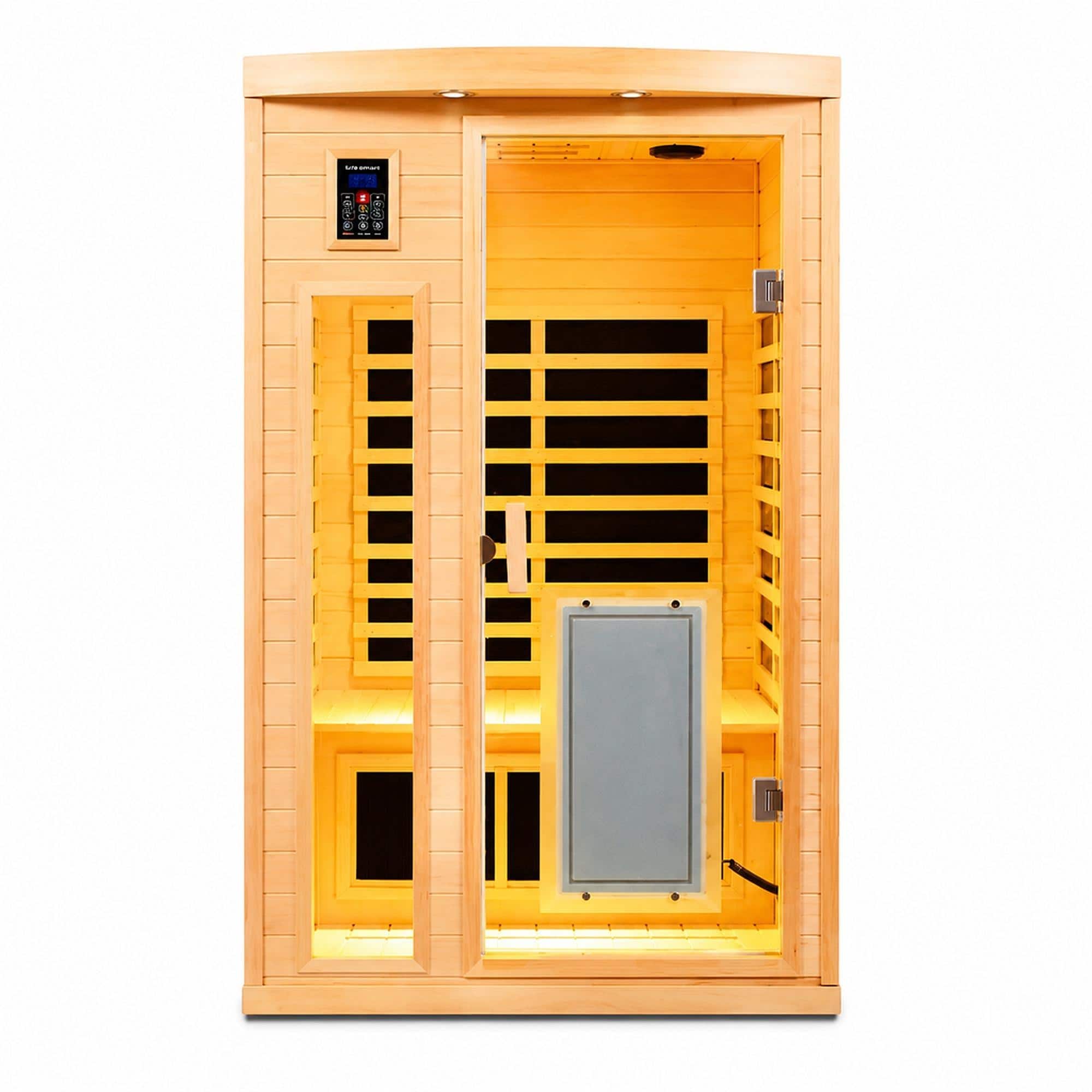 RYHNUYNE - Far-Infrared 2-Person Indoor Sauna, Hemlock Wood, 8 Heating Panels, 1750W, Low EMF, Bluetooth Audio, 47.2 in Wide - Natural Wood