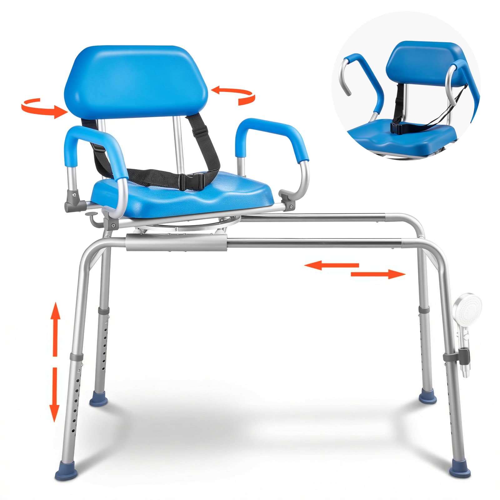Front. VEVOR - Sliding Shower Chair, 330 lbs Tub Transfer Bench for Bathtub with Swivel Seat, Padded Shower Bench with Pivoting Arms - Blue.