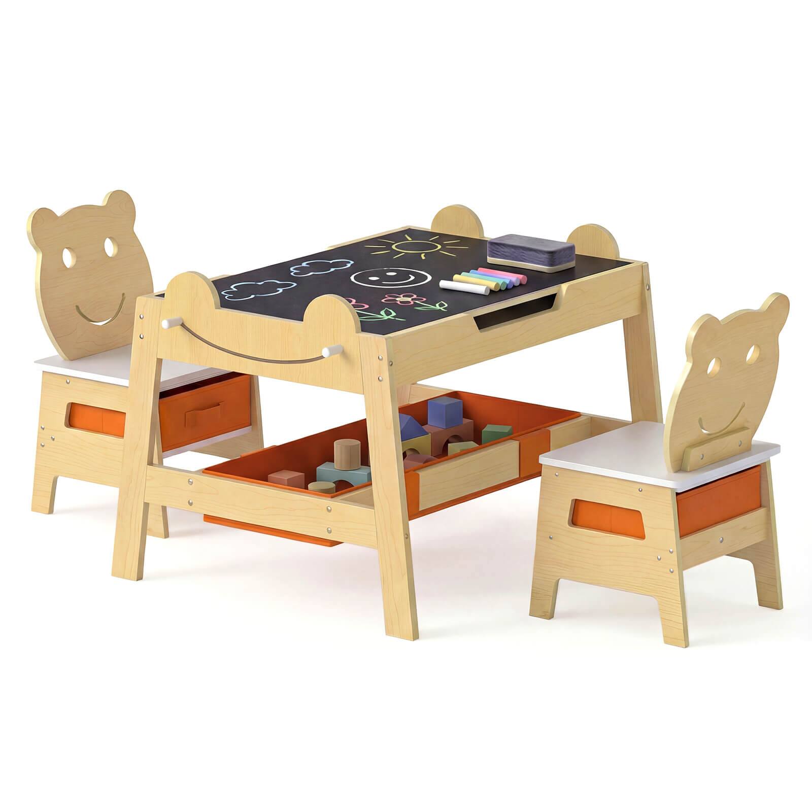 Front. Costway - Costway 5-in-1 Kids' Table & Chair Set with Chalkboard, Whiteboard, 3 Storage Bins, 4 Hooks - Natural + White + Orange.