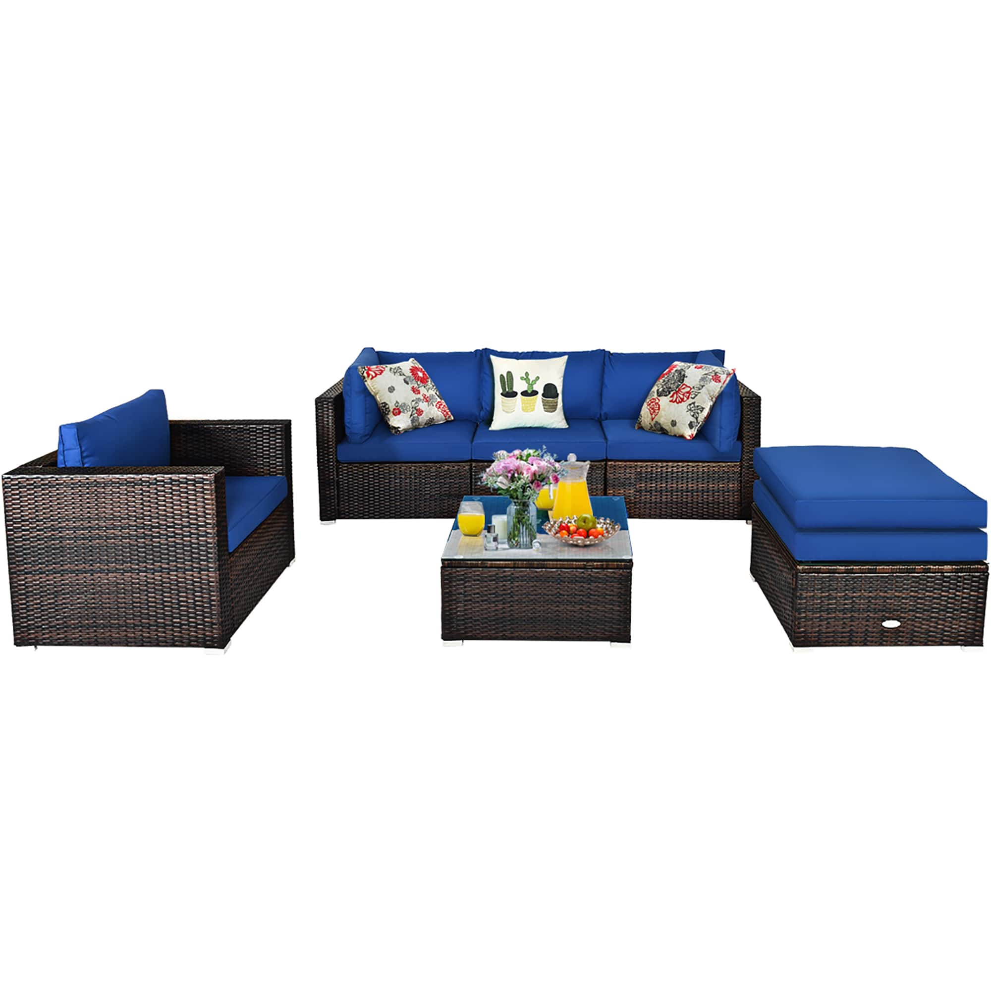 Front. Costway - 6PCS Patio Rattan Furniture Set Sofa Coffee Table Ottoman - Navy.