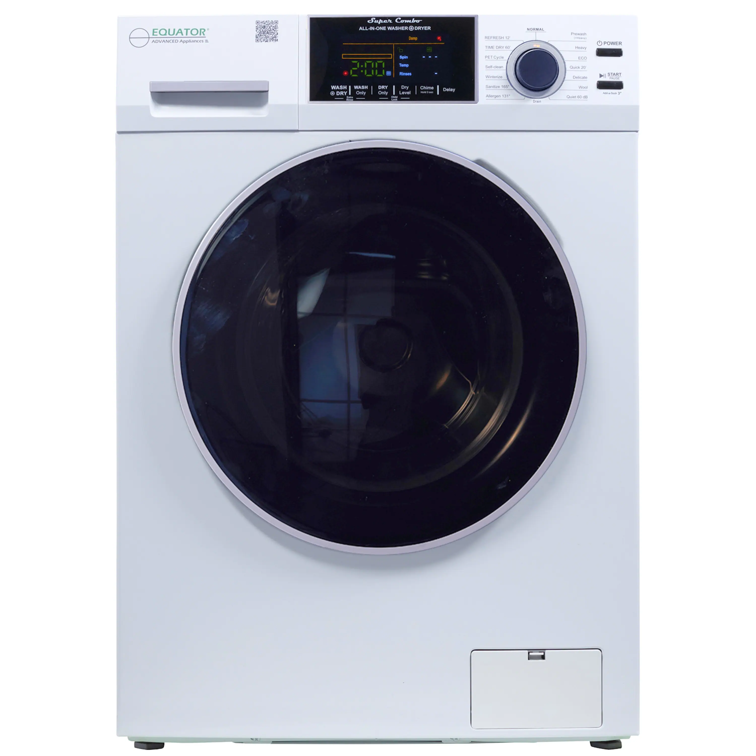 EQUATOR ADVANCED Appliances 1

Super Coweber ALL-IN-ONE WASHER BORYER Doing 1

> piner
NORMAL
- Heavy
POWER

Spir Temp tran
PETCyde Self-Jean Interdefor
800 Quock2 20 Onicate
H START
WASH WASH 0 DRY Only
DRY Only
Dy Level
China
Dailay
Sandia ) lderget -
Brain
Net