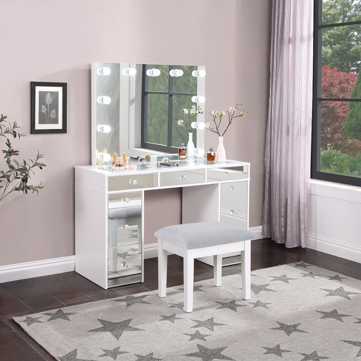 Loheer - makeup vanity table with lighted mirror and stool, 47.5-Inch - White