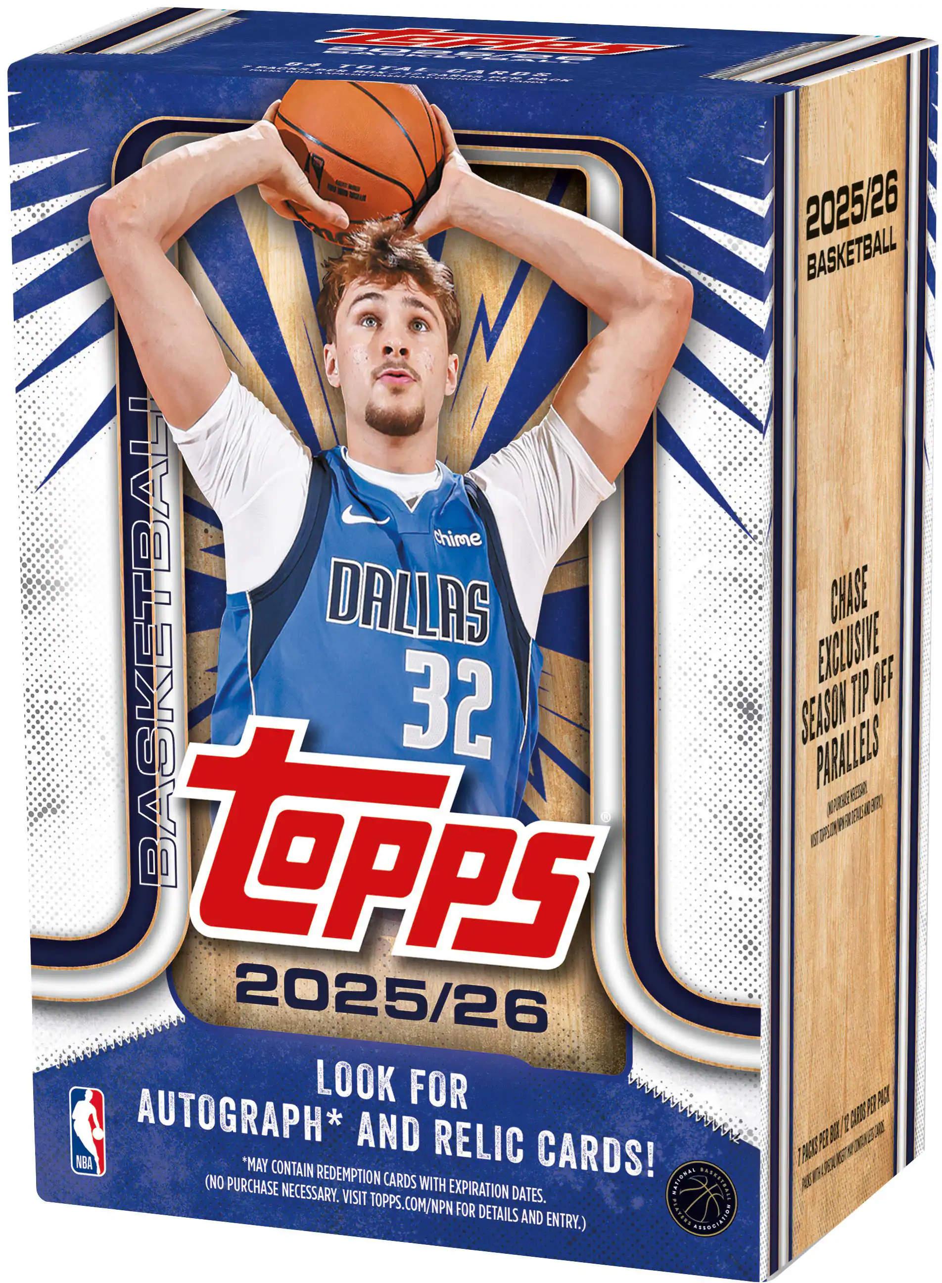 Sure, here is the corrected and grouped text from the image:

---

**Topps 2025/26 Basketball**

**Chase Exclusive Season Tip Off Parallels**

**Look for Autograph* and Relic Cards!**

*May contain redemption cards with expiration dates. (No purchase necessary. Visit topps.com/npn for details and entry.)

**2025/26 Basketball**

**Dallas 32**

**NBA**

**7 Packs per Box**

**1 Chase Exclusive Parallel per Box**

**1 Autograph or Relic Card per Box**

---

This text is organized to reflect the information on the box, including the product name, features, and promotional details.