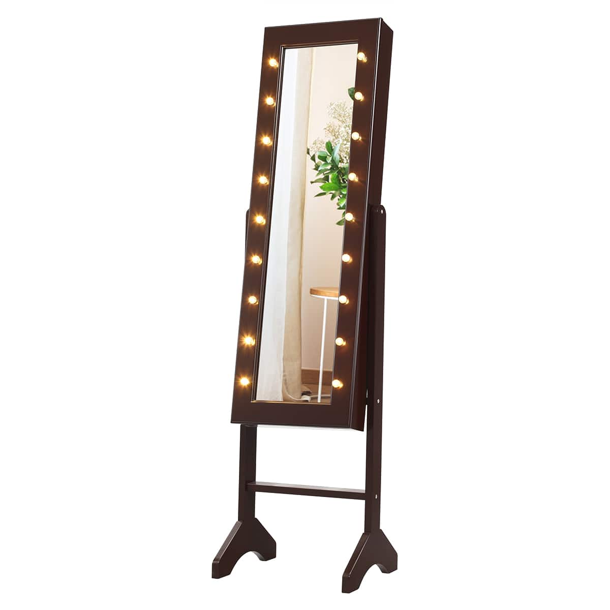 Front. Costway - Mirrored Jewelry Cabinet Organizer w/18 LED lights Brown - Brown.