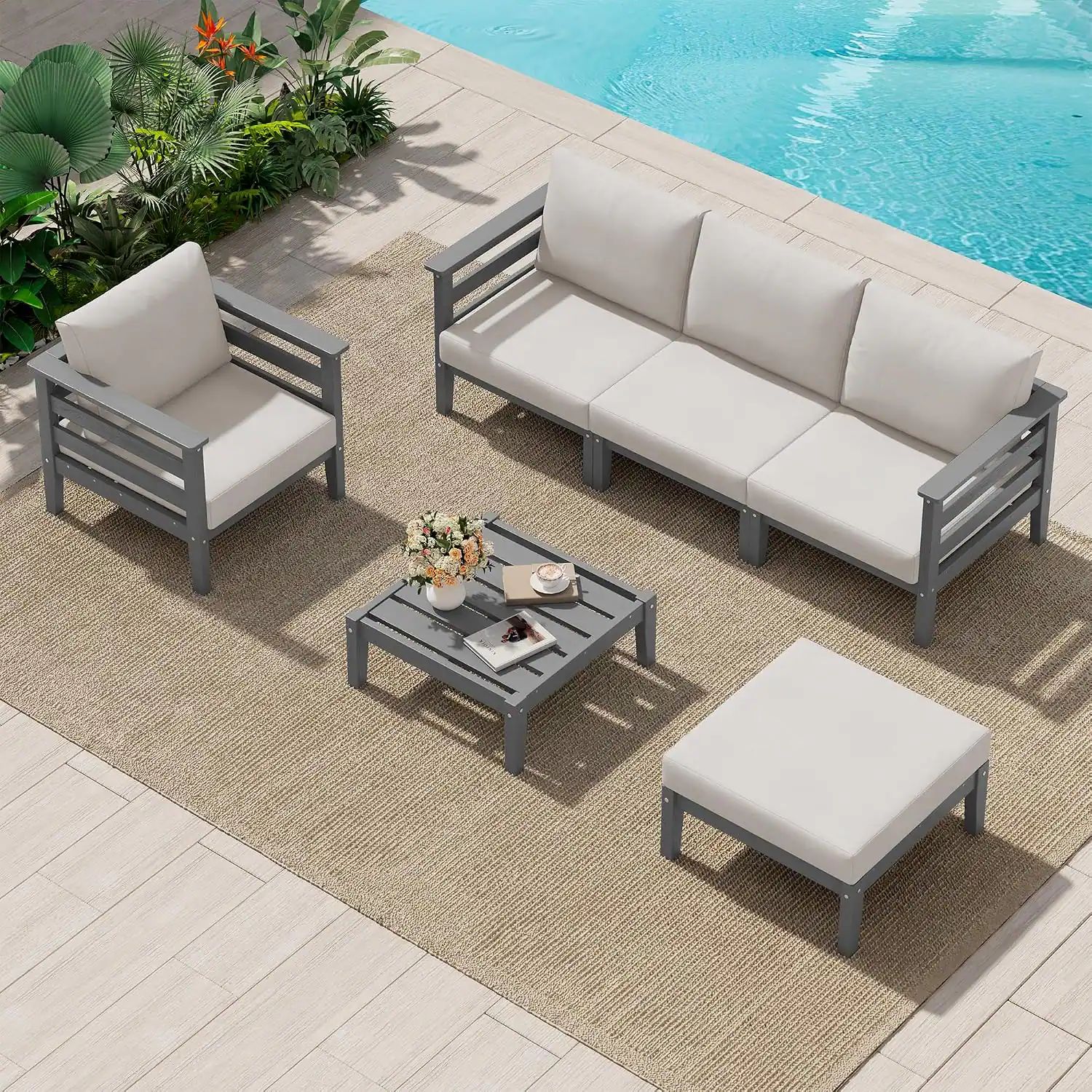 Front. SERWALL - SERWALL HDPE Outdoor Furniture Set, 6 Pieces Patio Sectional Sofa Set, Modular Design for Flexible Combination - Grey/Khaki.