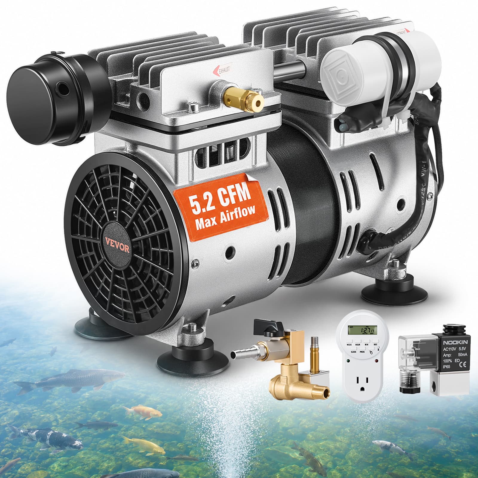 VEVOR - Pond Aerator, 550W Power, 5.2CFM for Up to 3 Acre 50' Lake, Pond Aeration Kit Includes 3/4 HP Compressor & Timer &Valves - Black;Silver