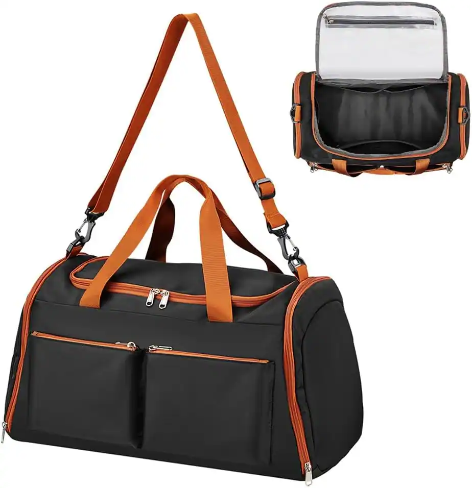Front. Quick Deer - 44L Multi-Pocket Sports Duffel Bag for Travel & Gym, Carry-On Weekender Bag with Wet Pocket and Shoulder Strap - Black & Brown.