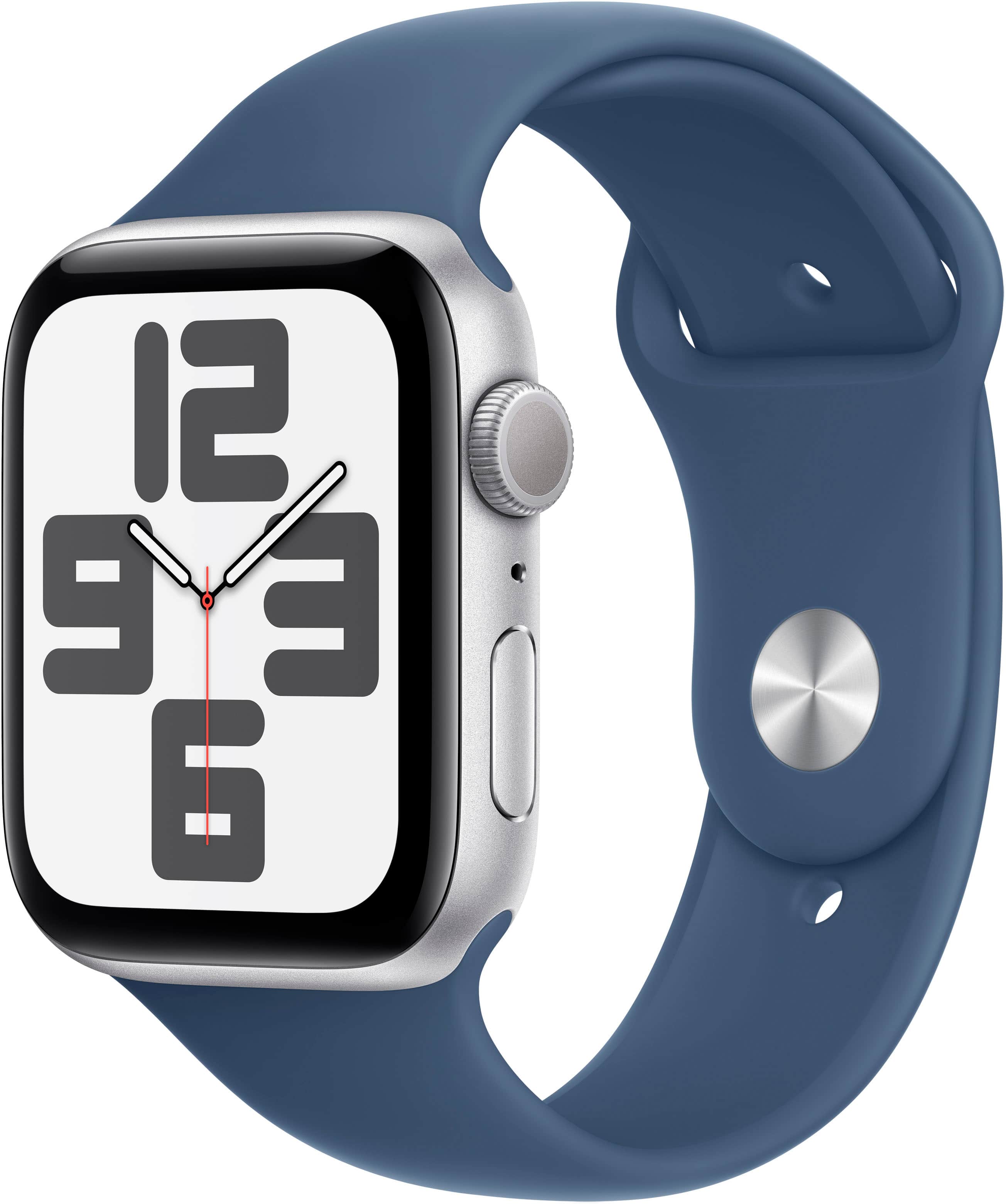 Refurbished Excellent - Apple Watch SE 2nd Generation (GPS) 44mm Aluminum Case with Denim Sport Band - S/M - Silver - (2024)