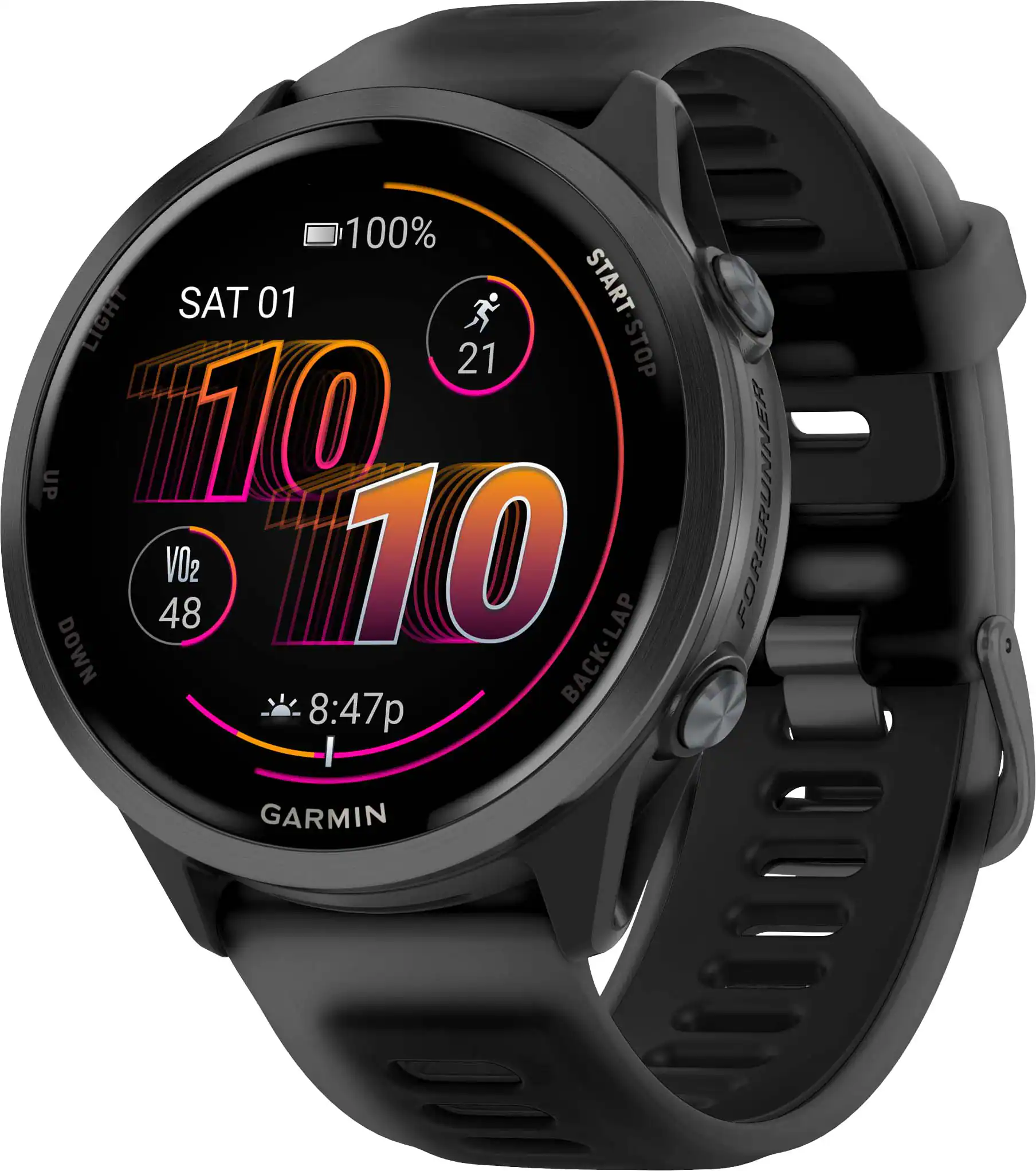 The text on the image reads: "100% SAT 01 START LIGHT STOP 21 UP 10 48 VO2 10 LAP DOWN BACK-LA 8:47p I FORERUNNER GARMIN". This text is grouped and corrected as follows:

100% SAT 01 START LIGHT STOP 21 UP 10 48 VO2 10 LAP DOWN BACK-LA 8:47p I FORERUNNER GARMIN

100% SAT 01 START LIGHT STOP 21 UP 10 48 VO2 10 LAP DOWN BACK-LA 8:47p I FORERUNNER GARMIN

100% SAT 01 START LIGHT STOP 21 UP 10 48 VO2 10 LAP DOWN BACK-LA 8:47p I FORERUNNER GARMIN

100% SAT 01 START LIGHT STOP 21 UP 10 48 VO2 10 LAP DOWN BACK-LA 8:47p I FORERUNNER GARMIN

100% SAT 01 START LIGHT STOP 21 UP 10 48 VO2 10 LAP DOWN BACK-LA 8:47p I FORERUNNER GARMIN

100% SAT 01 START LIGHT STOP 21 UP 10 48 VO2 10 LAP DOWN BACK-LA 8:47p I FORERUNNER GARMIN

100% SAT 01 START LIGHT STOP 21 UP 10 48 VO2 10 LAP DOWN BACK-LA 8:47p I FORERUNNER GARMIN

100% SAT 01 START LIGHT STOP 21 UP 10 48 VO2 10 LAP DOWN BACK-LA 8:47p
