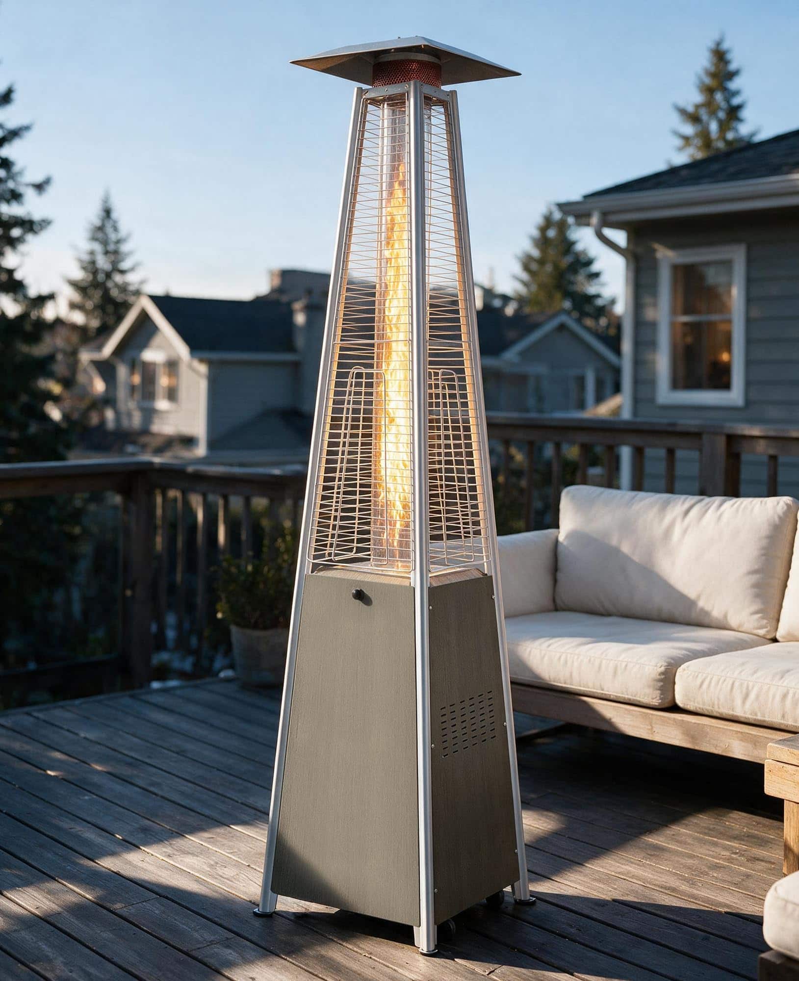 HUGROVE - 89-Inch 48,000 BTU Outdoor Pyramid Patio Heater, Propane Heater Outdoor with Wood-Grain Finish for Patio Deck Backyard - 1 Khaki Heaters