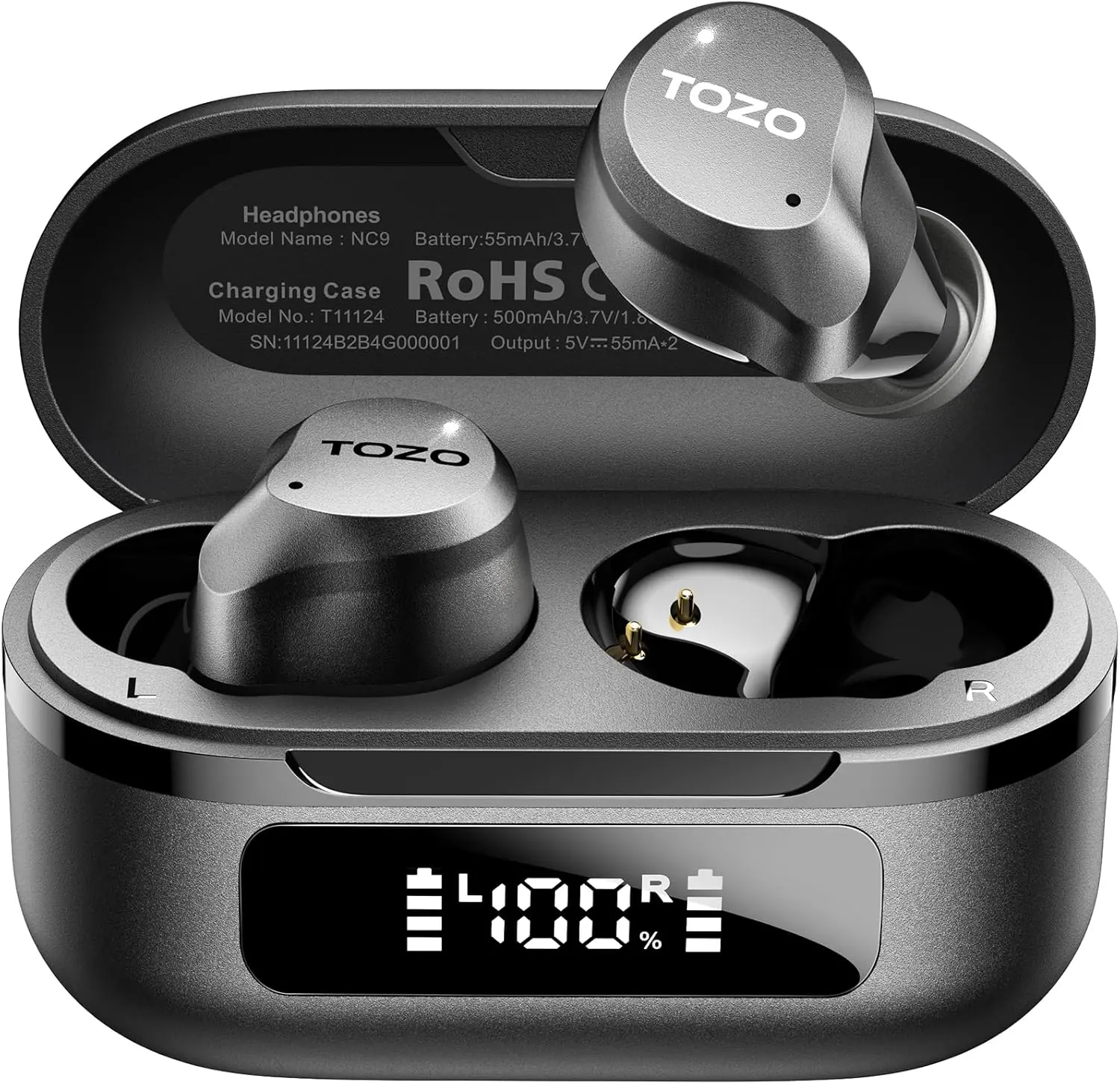TOZO

Headphones  
Model Name: NC9  
Battery: 55mAh/3.7V/1.8  
Charging Case  
Model No.: T11124  
Battery: 500mAh/3.7V/1.8  
SN: 11124B2B4G000001  
Output: 5V 55mA*2