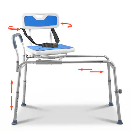 Front. VEVOR - Sliding Shower Chair, 400 lbs Tub Transfer Bench for Bathtub with Swivel Seat, Padded Shower Bench with Arms - Blue.