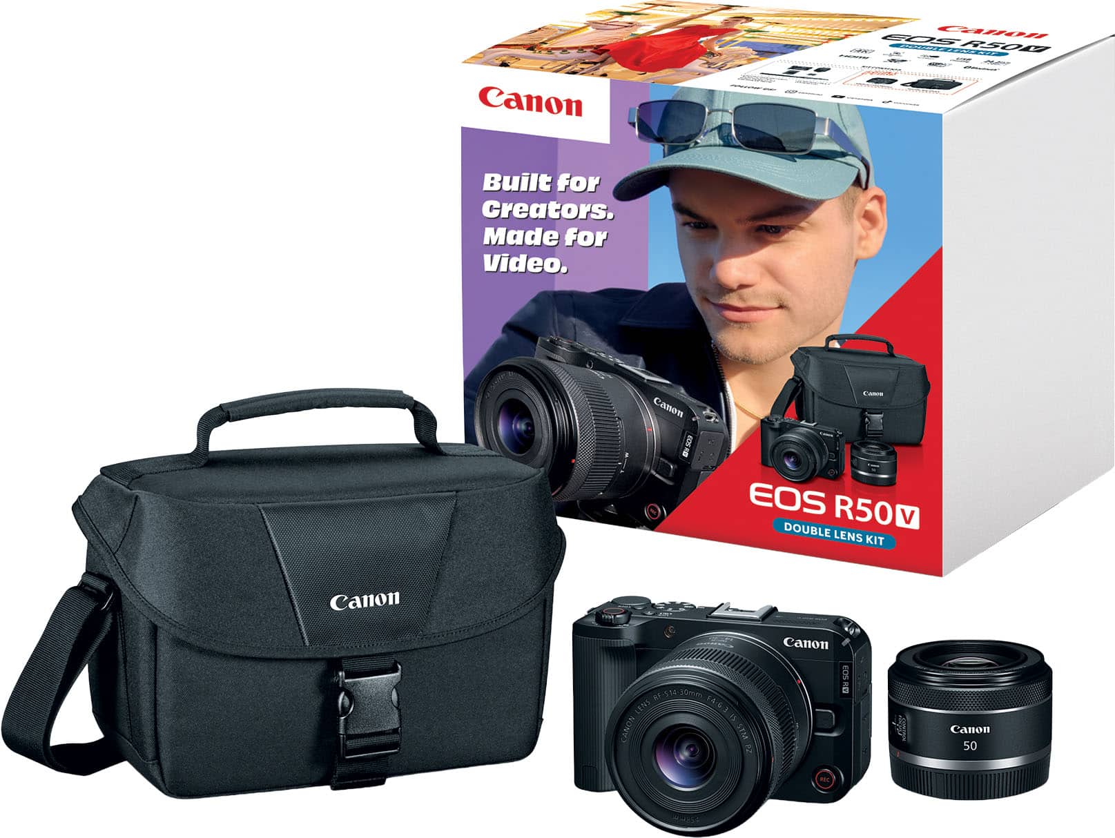 Canon SO5 Ct PUA R500  
Built for Creators. Made for Video.  
Canon 1509 6 L EOS R50 V DOUBLE LENS KIT  
Canon DI RE-514-30mm LERS (4:63 1S CANON STM 2  
Canon 50 ROC RSA
