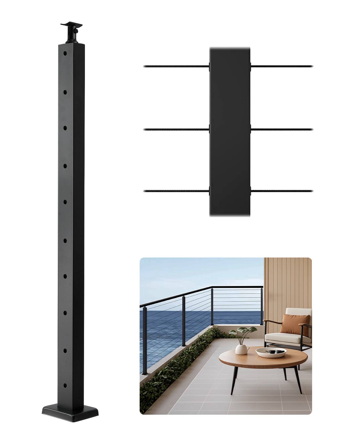 Front. VEVOR - Cable Railing Post, 36x1x2 Inch Level Deck Stair Posts, 1-Pack Stainless Steel Cable Handrail Post - Black.