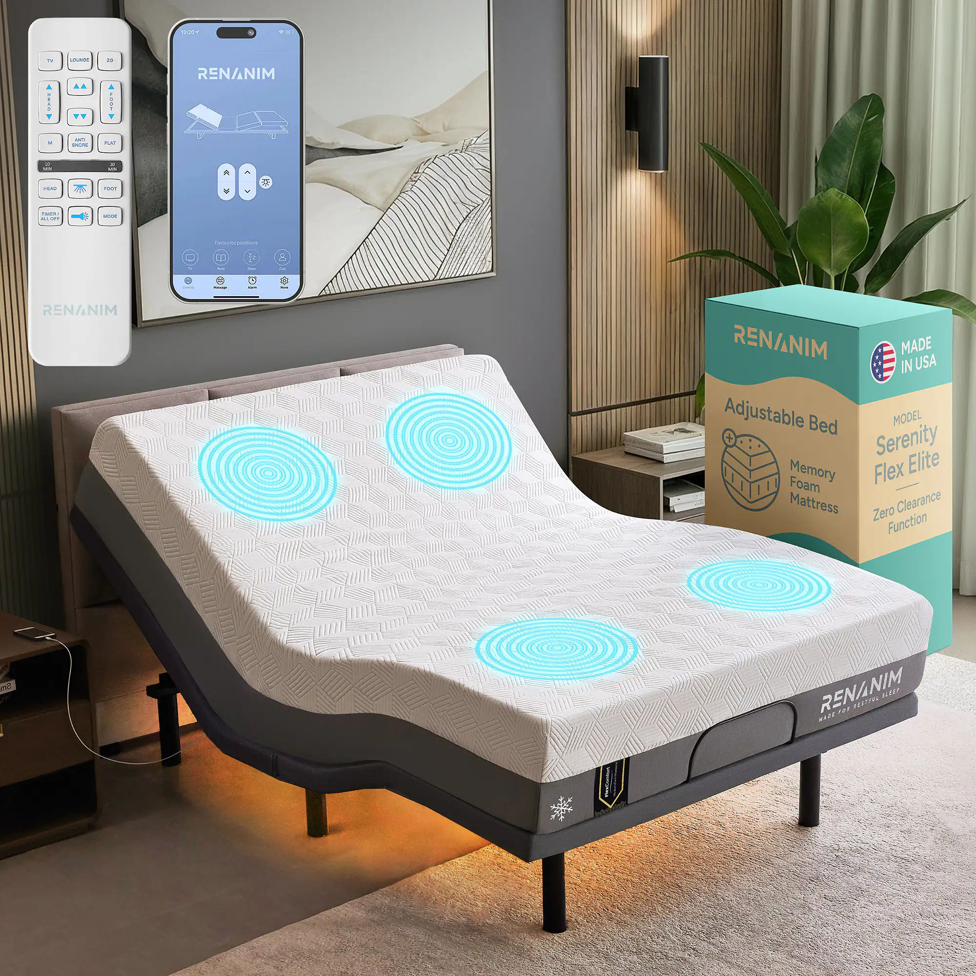 - 880 - TT - i RENANIM - - na - - - - P O - ... - . - 1 I 2 I 5 - RENANIM RENANIM MADE IN USA Adjustable Bed MODEL Serenity Memory Flex Elite Foam Mattress Zero Clearance Function a mc RENANIM .. nara ALAE 2

Corrected text:

- 880 - TT - i RENANIM - - na - - - - P O - ... - . - 1 I 2 I 5 - RENANIM RENANIM MADE IN USA Adjustable Bed MODEL Serenity Memory Flex Elite Foam Mattress Zero Clearance Function a mc RENANIM .. nara ALAE 2
