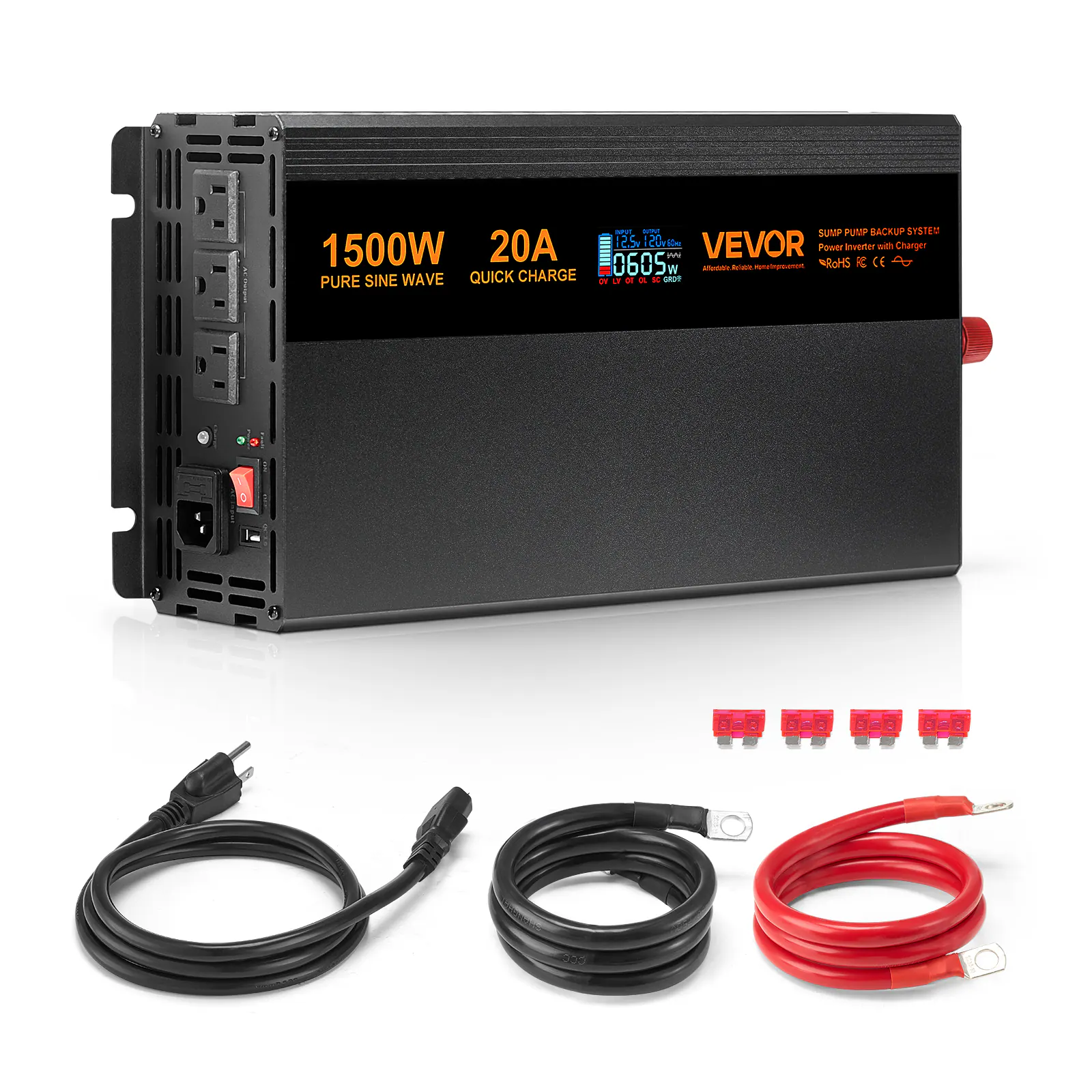 BFF SUMP PUMP BACKUP SYSTEM 20A 12.5v 120/160m VEVOR Inverter with Charger 1500W Power THERRANCE 0605 w N Affetable Soddille Mone Impociet ROHS RC CE P PURE SINE WAVE QUICK CHARGE
