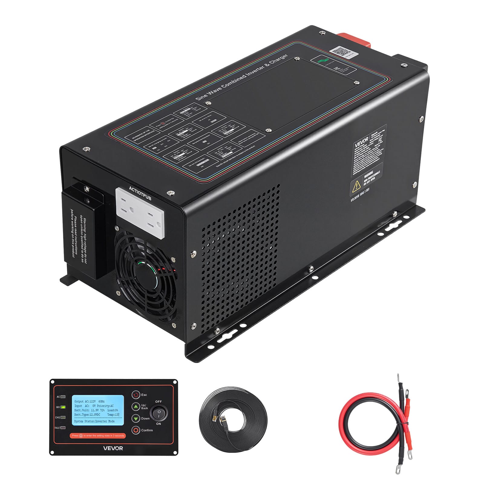 VEVOR - Pure Sine Wave Inverter Charger, 1200W, DC 12V to AC 120V Power Inverter with LCD Display, Remote Control, Low Frequency - Black