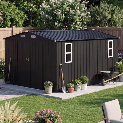 Front. LAUSAINT HOME - 10x12 FT Galvanized Steel Shed with Windows Double Lockable Doors Gable Roof and Vent for Backyard Patio - Black.