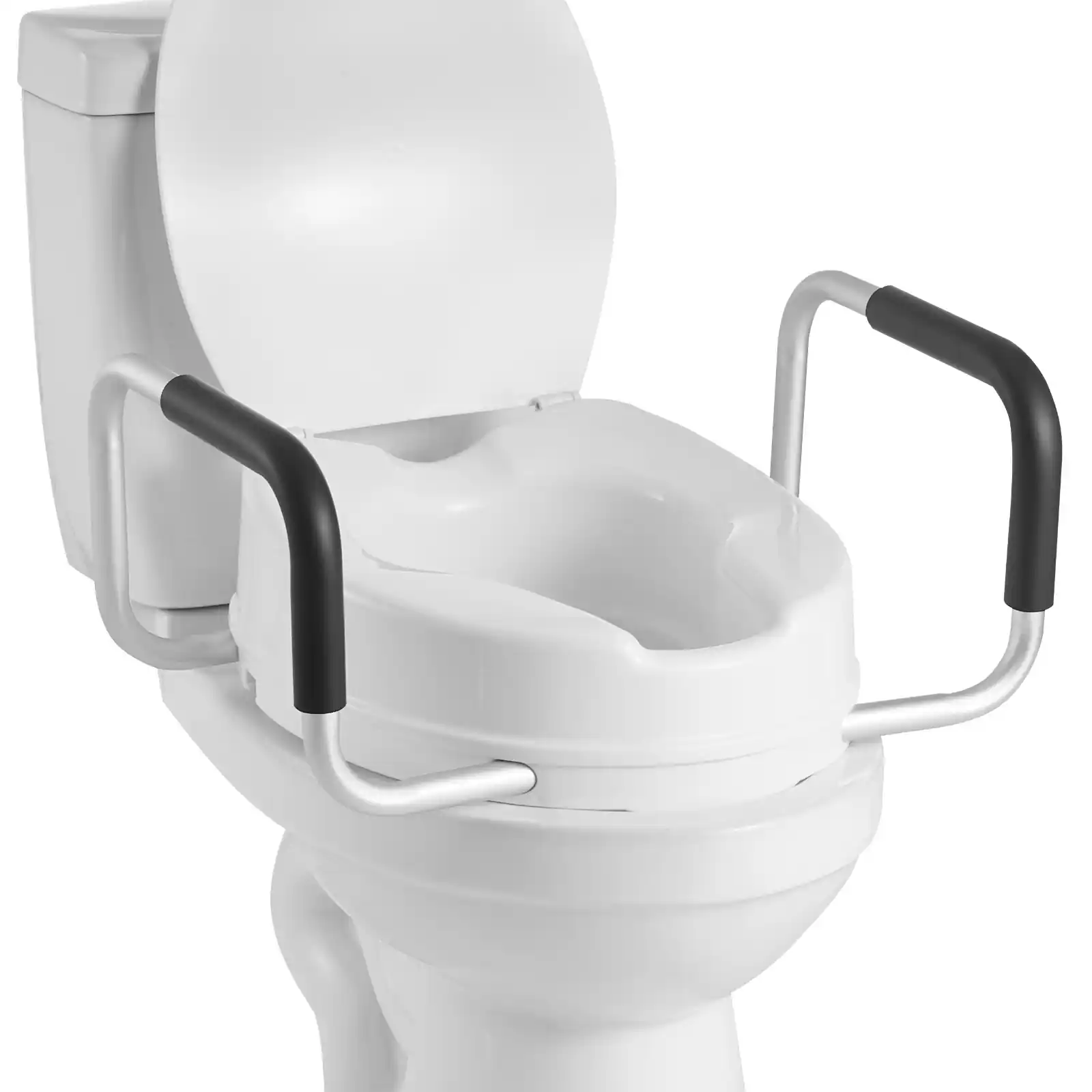 Front. VEVOR - Raised Toilet Seat with Arms, 300 lbs Load Capacity, 4-Inch Lift Height, Widened Commode Elevated Toilet Seat Riser - White.