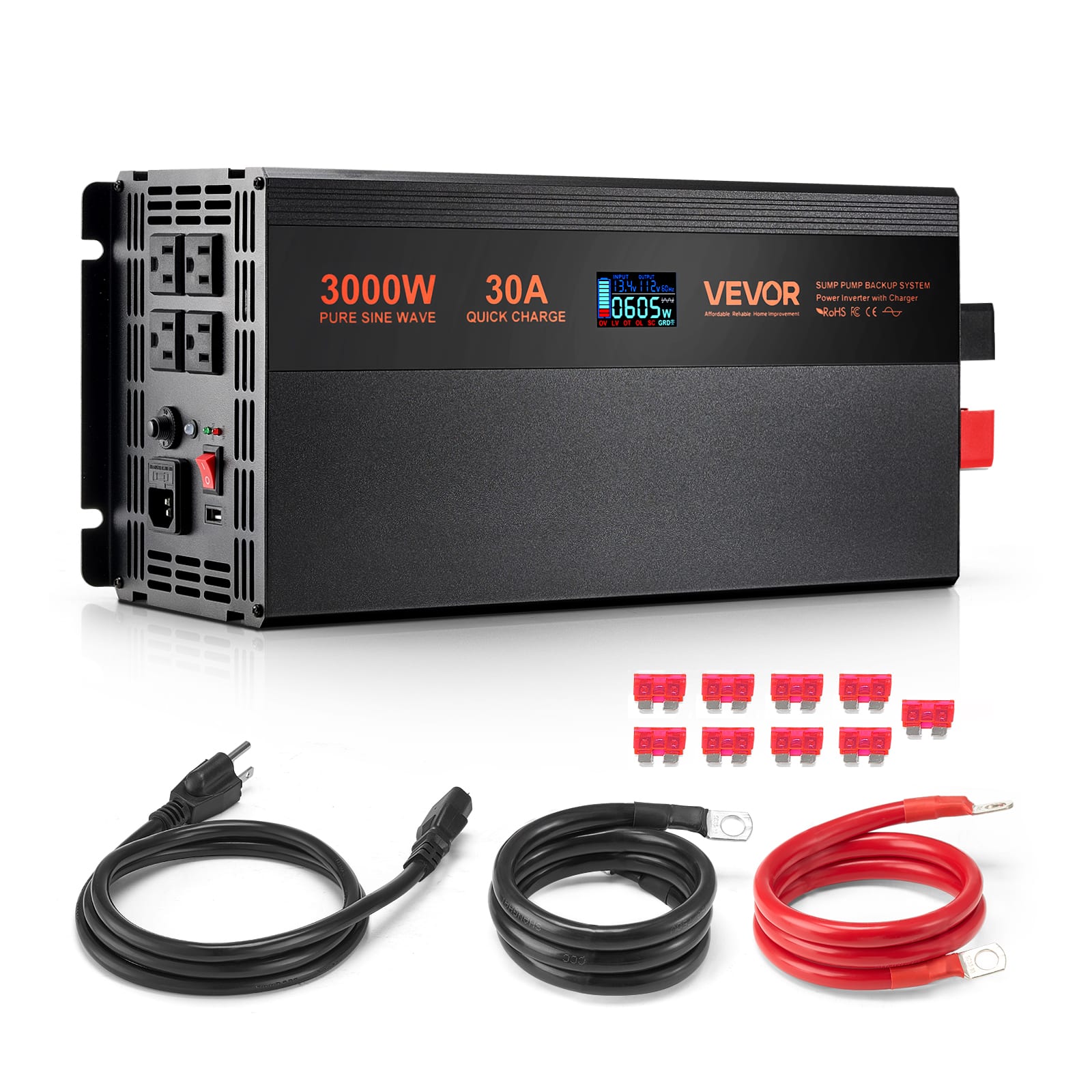 VEVOR - Sump Pump Battery Backup System, 3000W, Auto Switches to Battery Inverter for Continuous Sump Pump Operation - Black