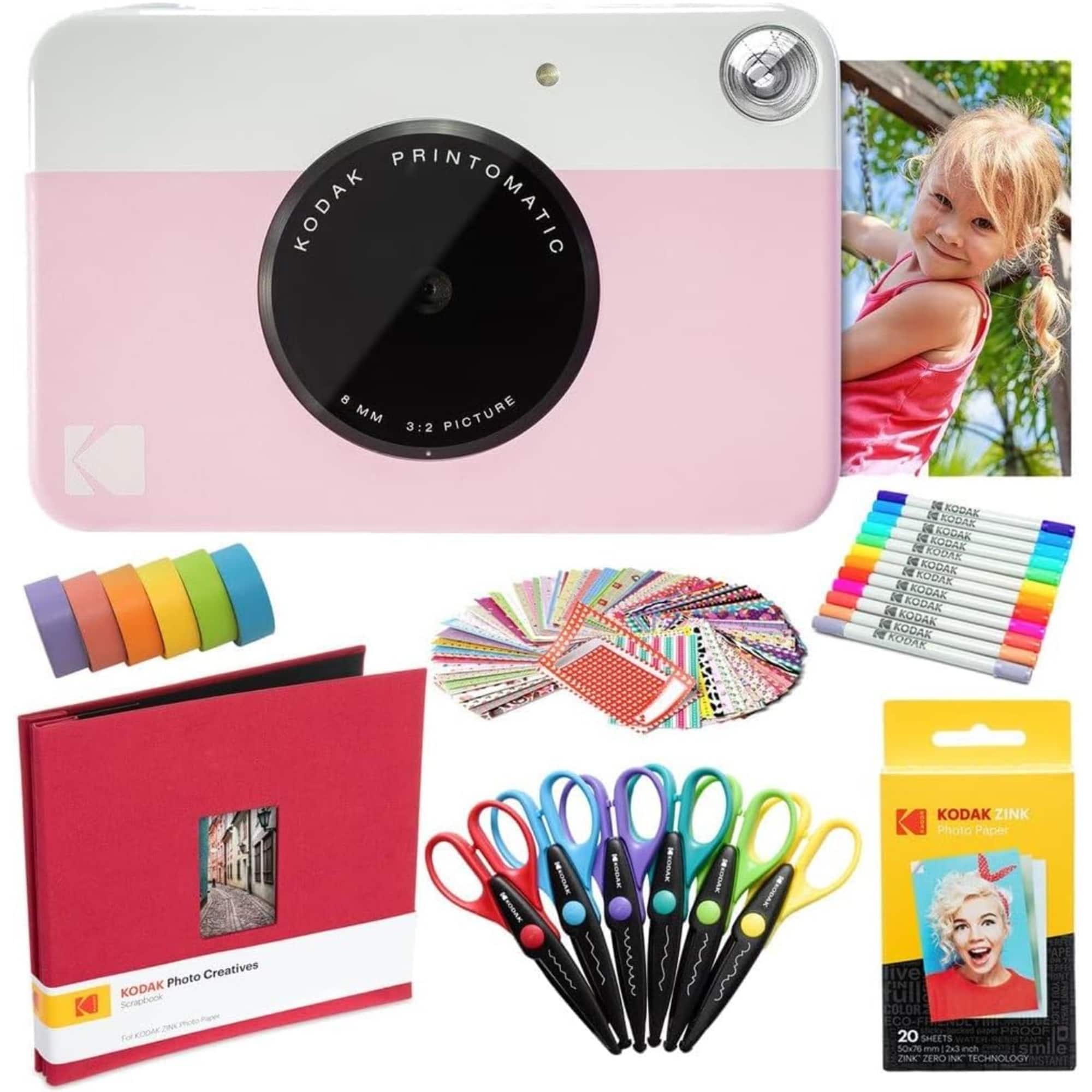 Kodak - Printomatic Instant Print Camera, Photo Paper (20 Sheets) & Accessories Art Bundle - Pink