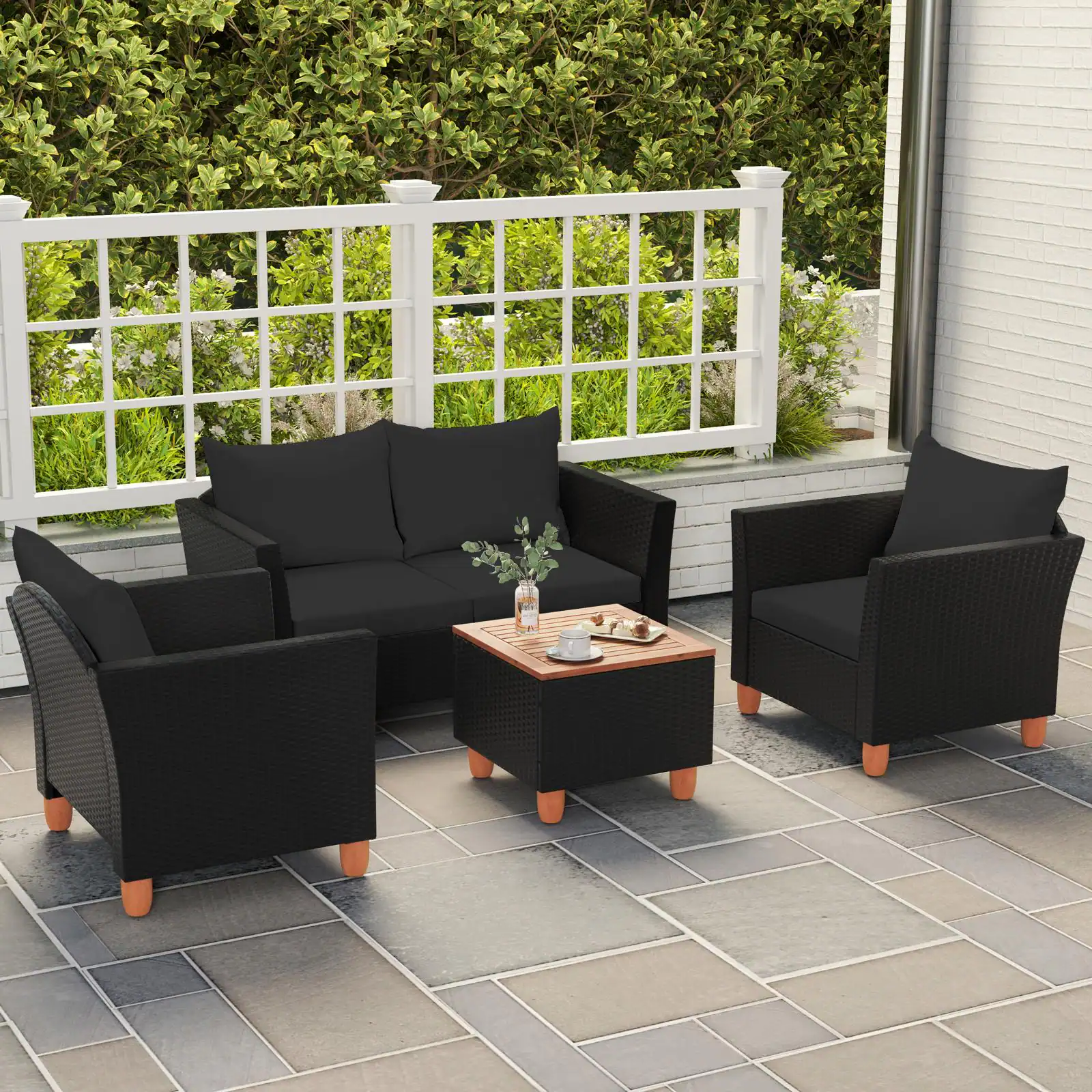 Front. Costway - Costway 4 Piece Outdoor Conversation Set, Patio Cushioned Chairs with Storage Coffee Table - Black.