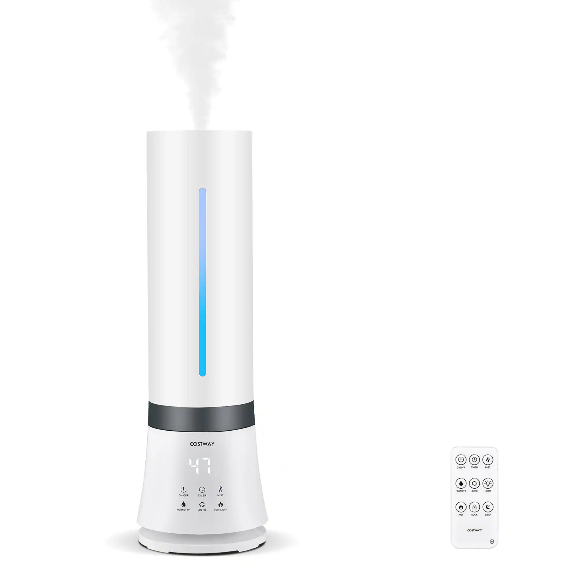 Costway U is a company that produces a variety of products, including a white appliance with a blue light on it. The appliance is designed to be used in a bathroom, as it is a humidifier. It is placed next to a remote control, which is also white in color.