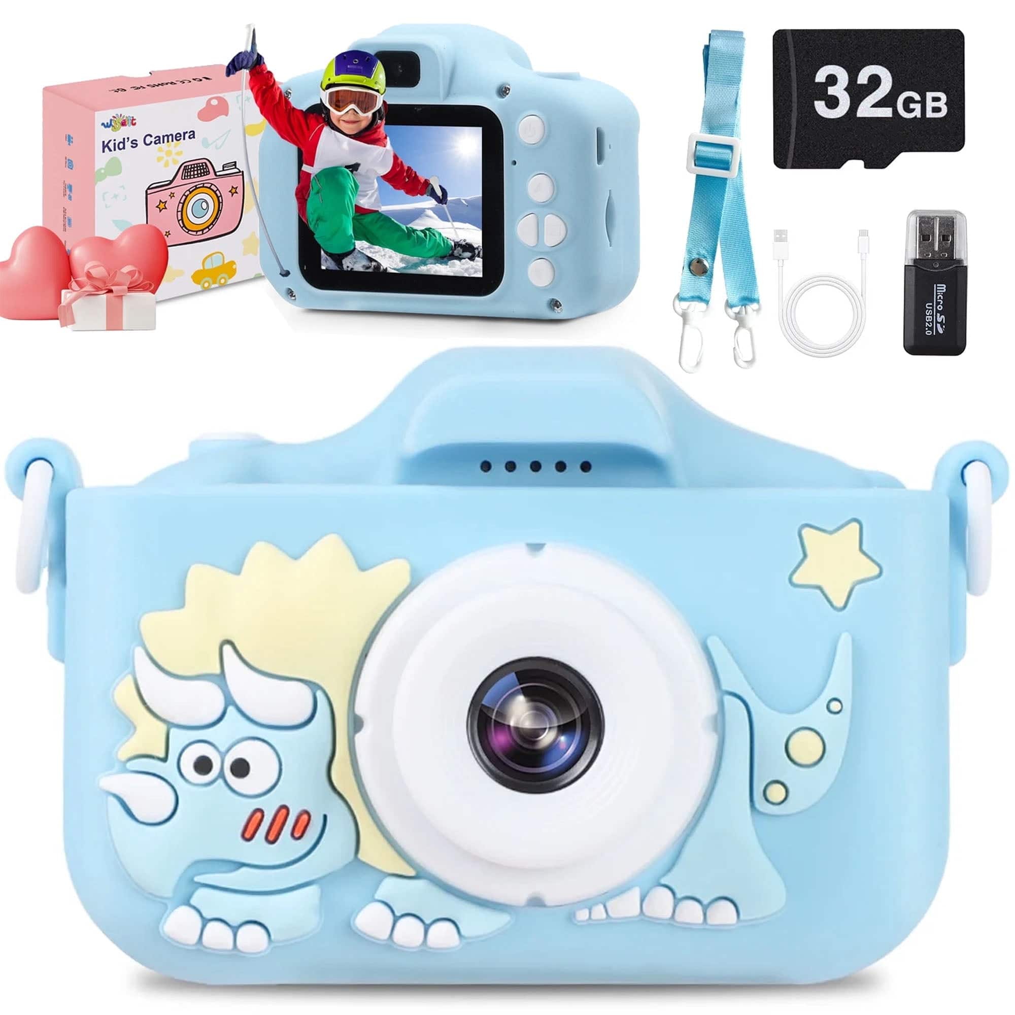 Wisairt - Kids Camera with 32GB SD Card, 1080P Dual Lens Toy Camera with 2" IPS Screen & Silicone Case - Blue