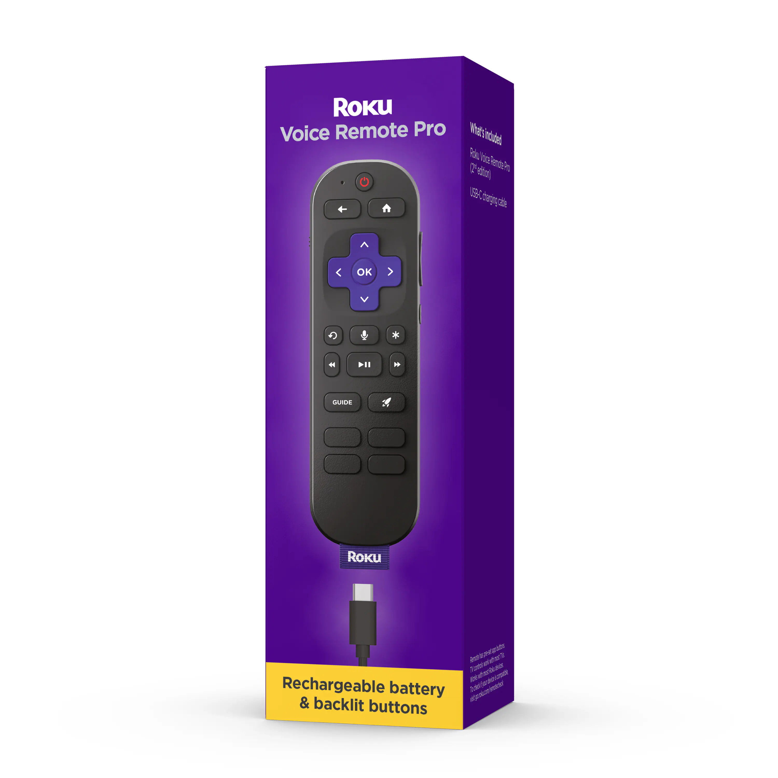 Front. Roku - Voice Remote Pro (2nd Edition) | Rechargeable Replacement Voice Remote, Backlit Buttons & Hands-Free Voice Controls - Black.