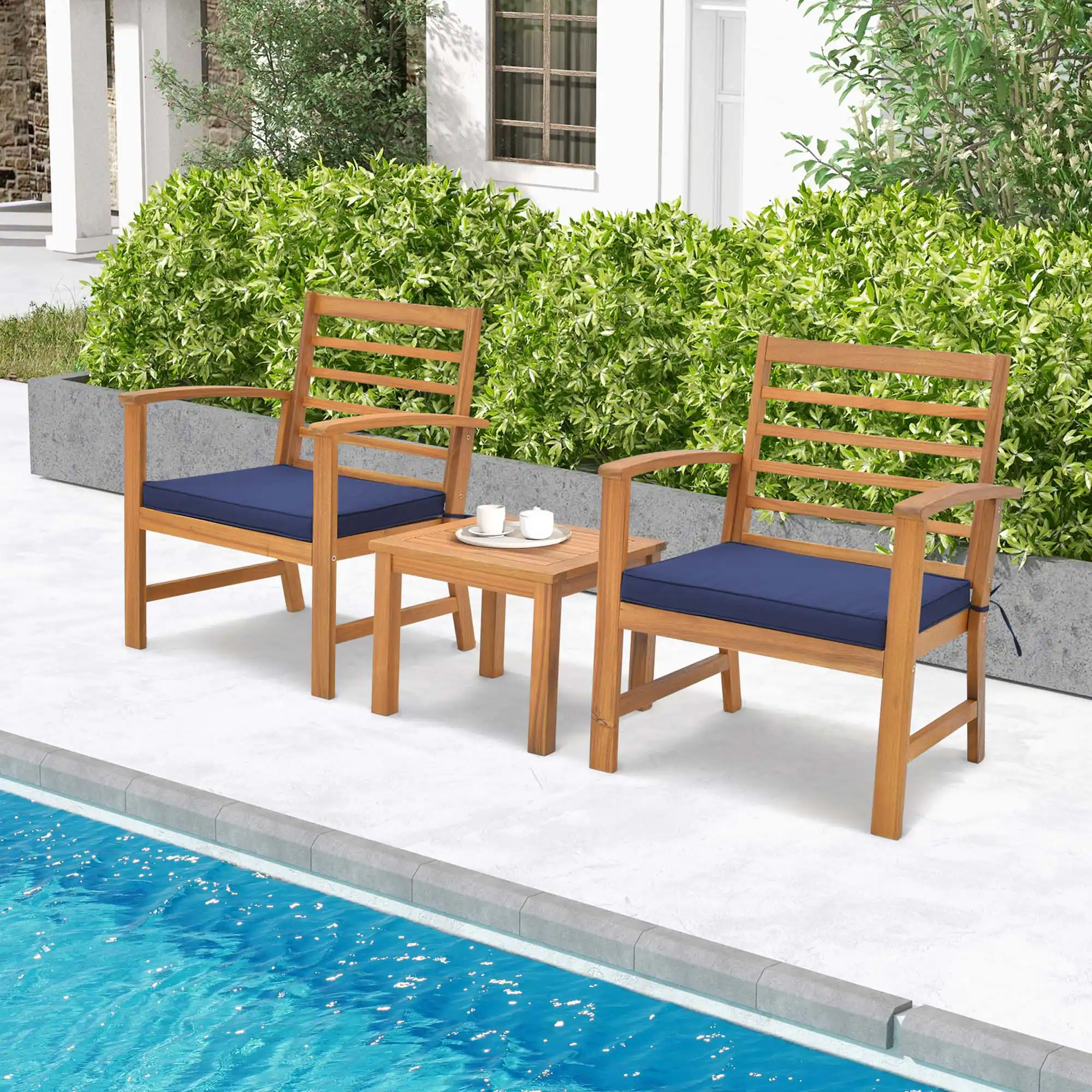 Front. Costway - Costway 3 PCS Outdoor Furniture Set Acacia Wood Conversation Set with Soft Seat Cushions - Navy.
