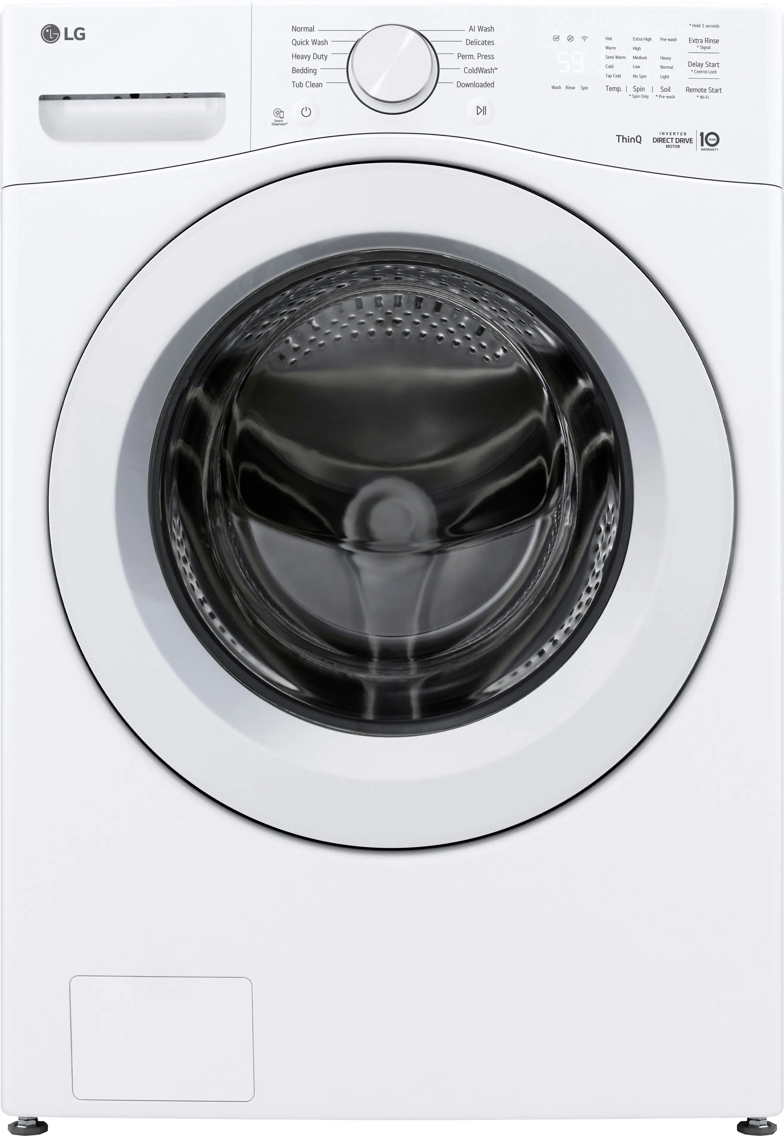 LG Normal Quick Wash Heavy Duty Bedding Tub Clean All Wash Delicates Perm Press ColdWash Downloaded DI - - - - - - i m - -- Eatra Fine - - - - - - - i i - Delay Start aia - g - 1 - Temp I Spir - Soil Remote Start Ms4 The - .. ... .. .. ThinQ DXRECT - Dtvs 10