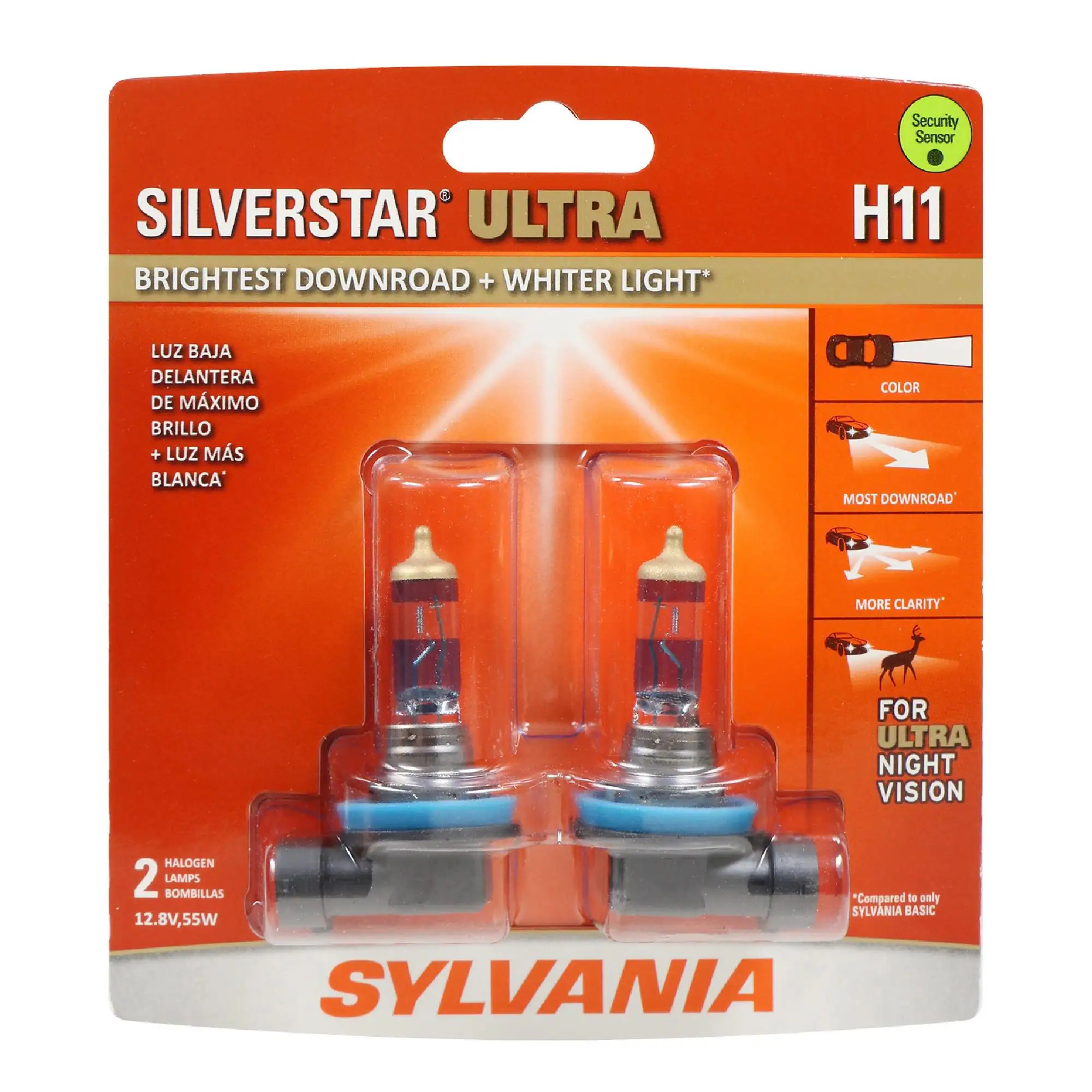 Security Sensor

SILVERSTAR ULTRA BRIGHTEST DOWNROAD + WHITER LIGHT*

H11

LUZ BAJA DELANTERA DE MÁXIMO BRILLO + LUZ MÁS BLANCA*

COLOR MOST DOWNROAD*

MORE CLARITY*

FOR ULTRA NIGHT VISION

HALOGEN 2 LAMPS BOMBILLAS *Compared to only SYLVANIA BASIC 12.8V,55W SYLVANIA