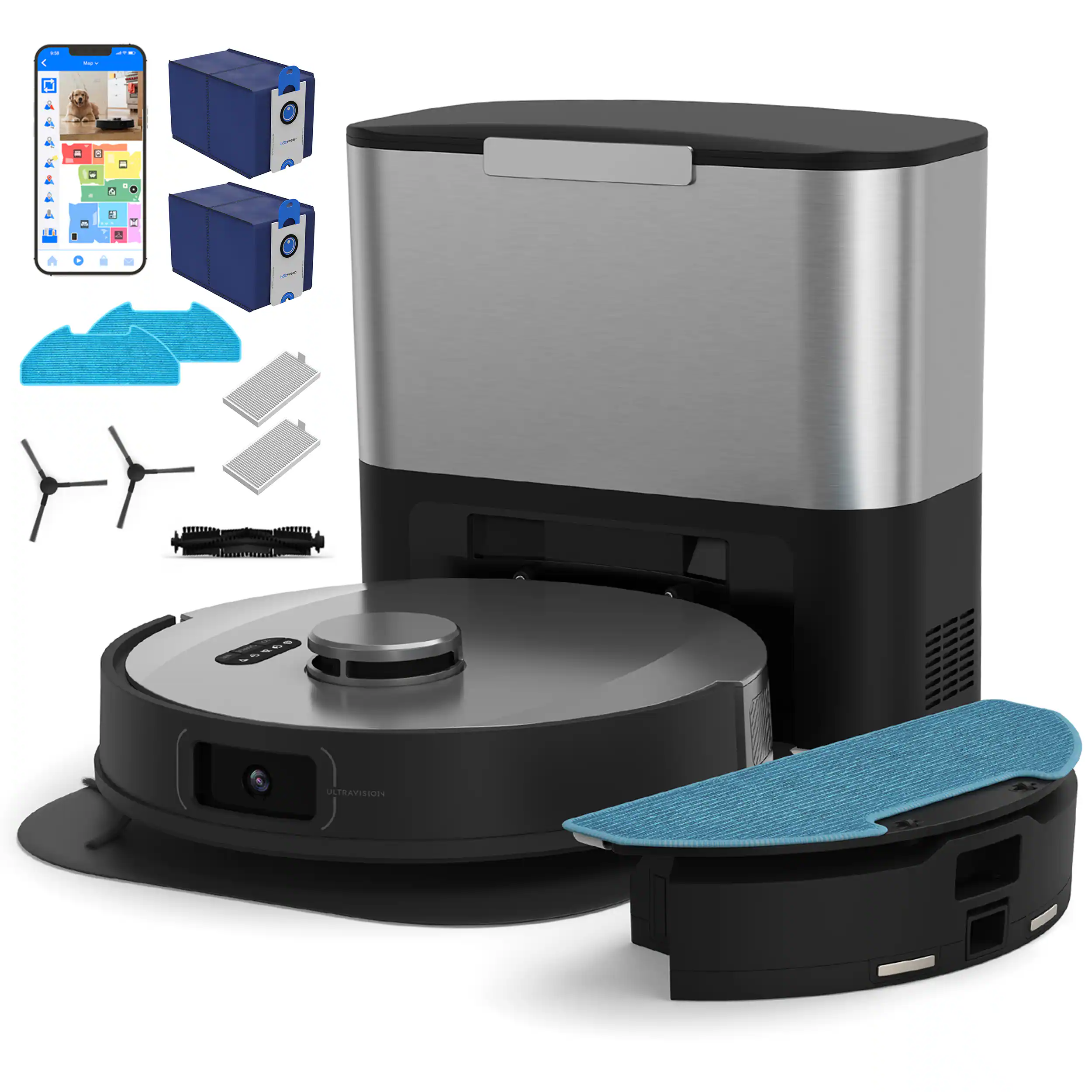 Front. bObsweep - UltraVision Self-Empty Robot Vacuum & Mop, 1.5-Gallon Capacity, 8000 Pa Suction, Object-aware Tech - Stainless Steel.