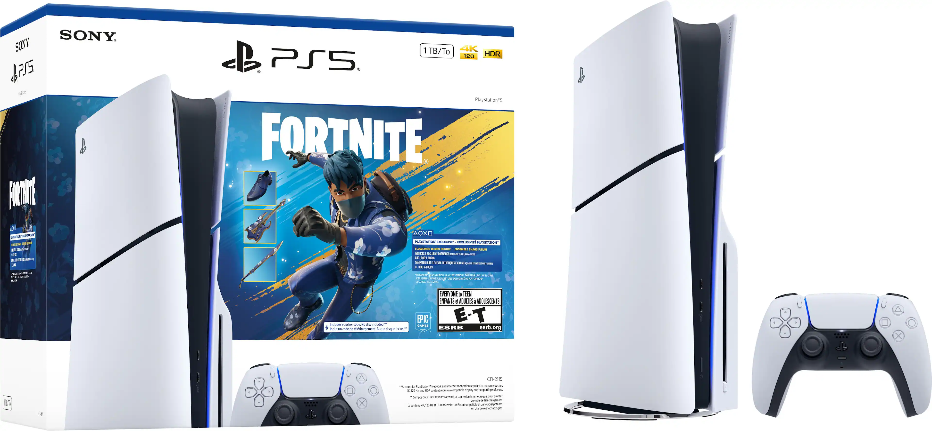 SONY  
PS5  
1 TB/To  
4K  
HDR  
PlayStation  
FORTNITE  
OXO  
PAT'S  
Cdon  
Aaidi  
EVERYONE  
NEEN ENFANTS  
ADULTES  
ADOLESCENTS  
E-T  
ESRB  
esrb.org  
X  
CHIJTIS  
4K HDR  
118/10  
PS5  
PlayStation - T (Teen 13+)