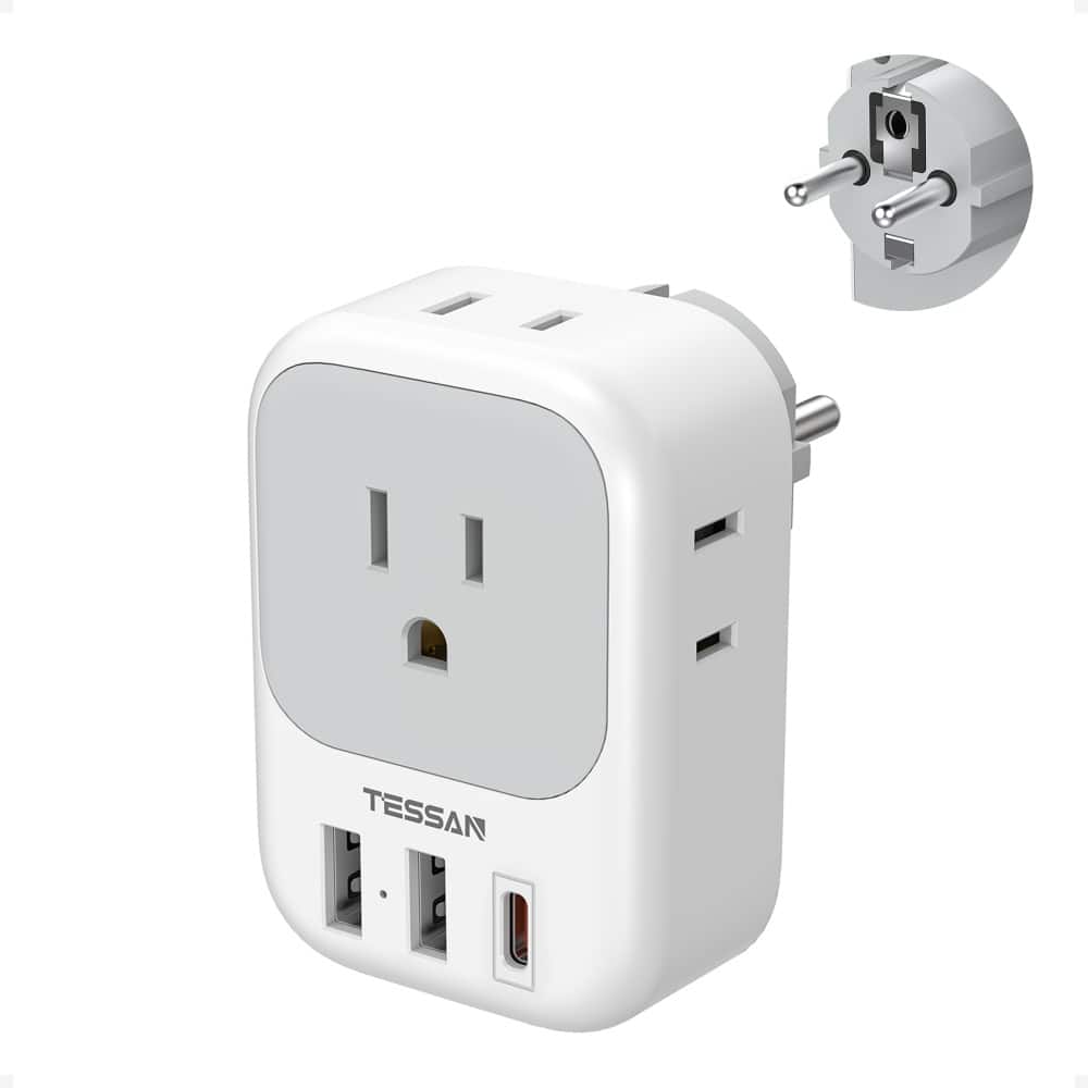 TESSAN - US to Europe Travel Plug Adapter, Type E F Power Adapter with 4 Outlets and 3 USB Ports (1 USB C) for Germany France - Gray and White
