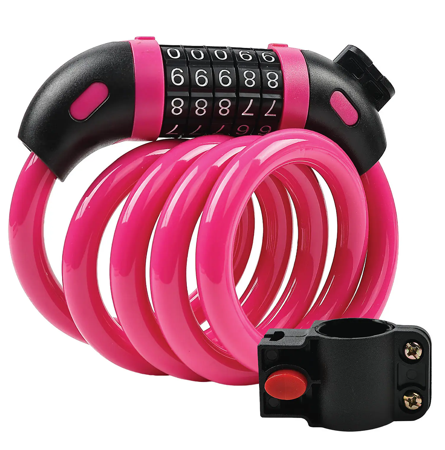 Front. Fosmon - Bike Lock Cable, 4ft Bike Locks Heavy Duty Anti Theft 5-Digit Combination Lock, Bicycle Lock Cable with Mounting Bracket - Pink.